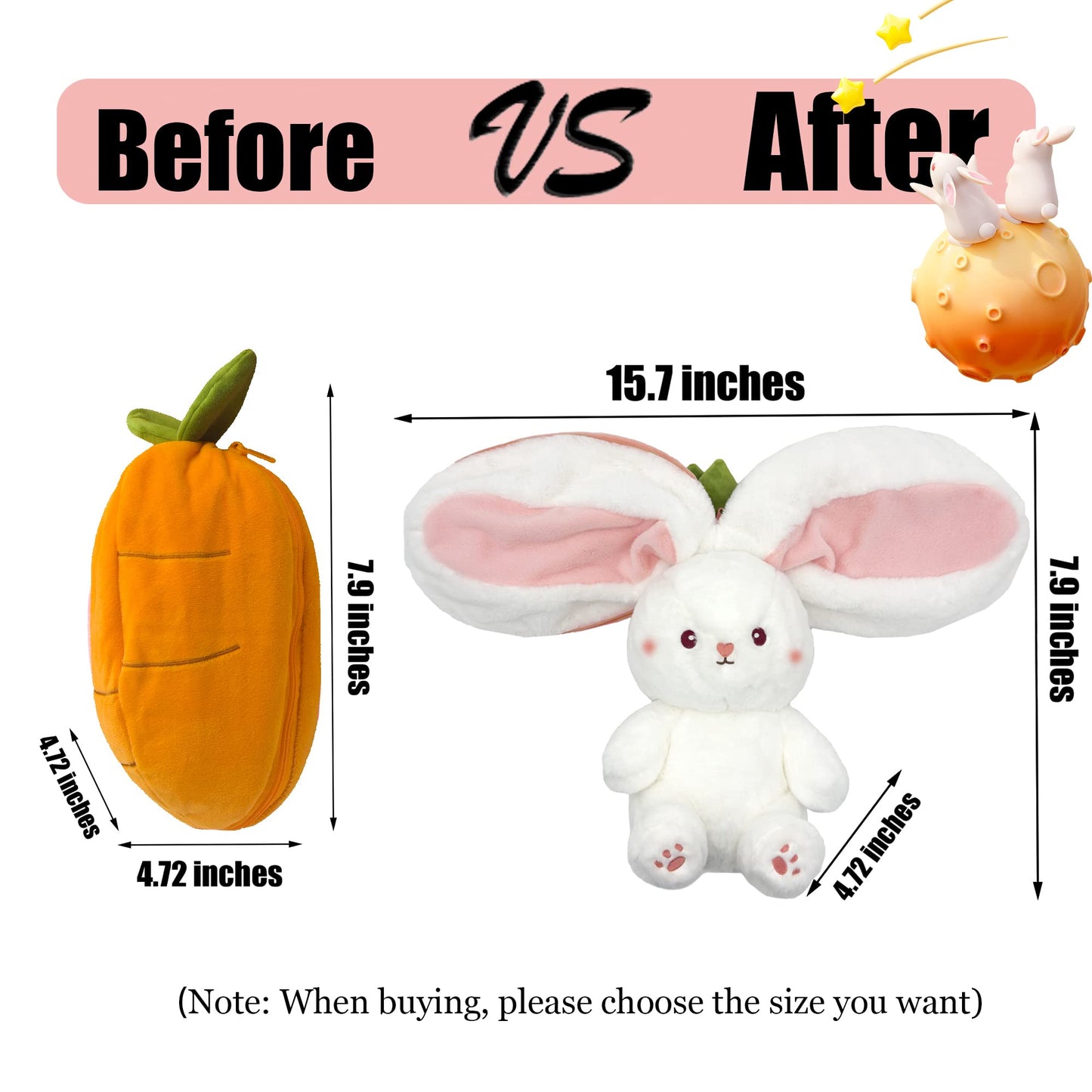 YOUBLEK Bunny Stuffed Animal,Carrot Reversible Cuddle Bunny Plush Doll with Zipper Cute Soft Rabbit Toys Pillow for Kids and Adults Easter Bunnies Plushies Gifts (Carrot, 7.09 inches)