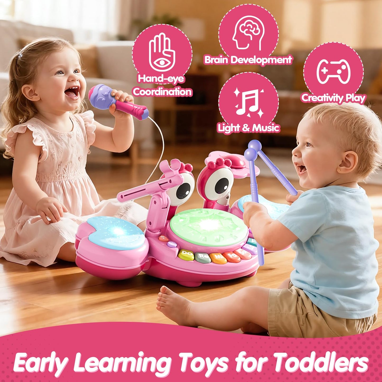 Toddler Drum Set for Kids 1-3, Baby Drum Set 1 Year Old with Light-Up Microphone, Musical Instruments Montessori Learning Toys for 6 9 12 18 Months, Birthday Gift for Boys Girls(Pink)