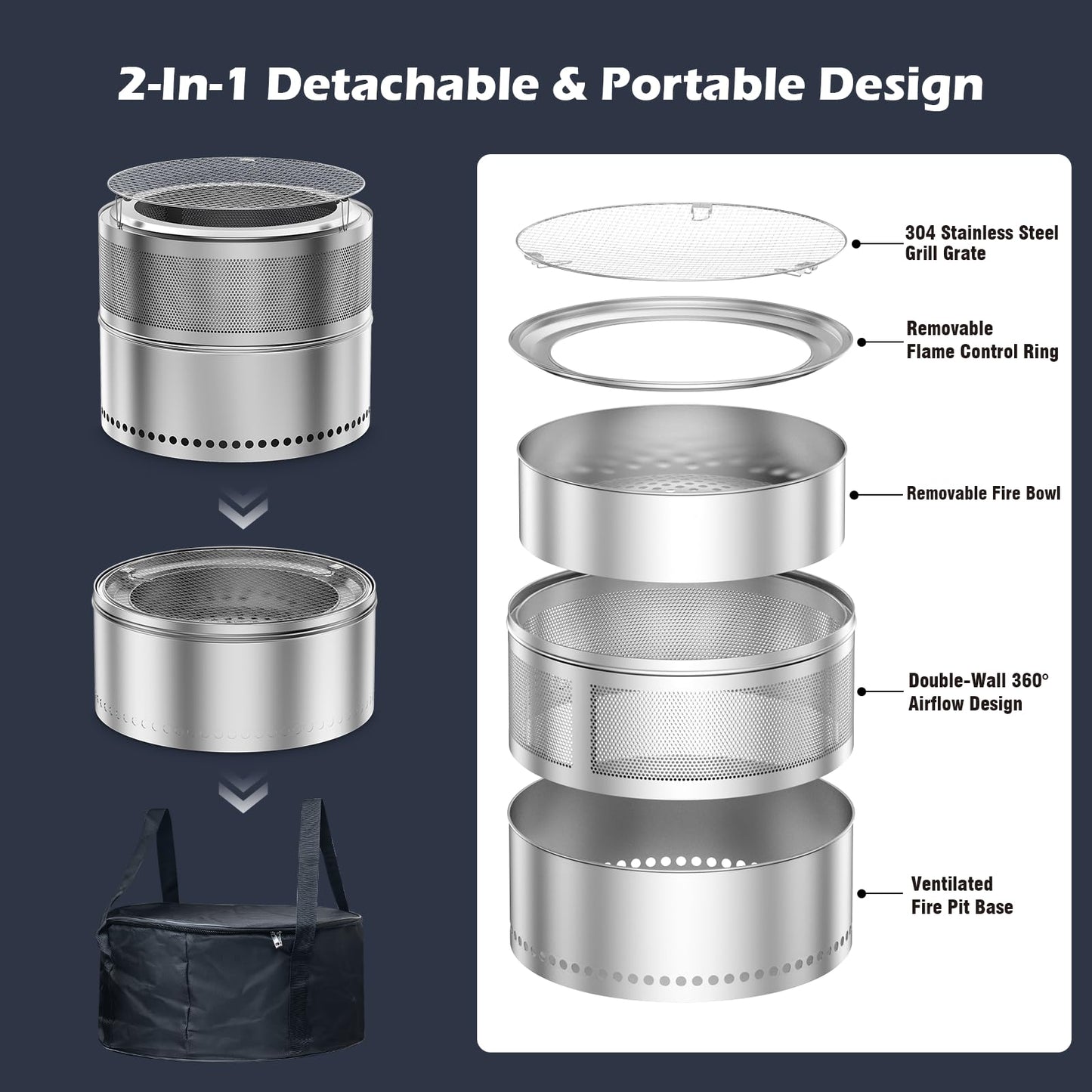 Smokeless Fire Pit with Grill Grate 20 Inch, Portable Stainless Steel Smokeless Firepit, Wood Burning Low Smoke Camping Fire Pit with Ash Pan & Carrying Bag, 360° Airflow, 16.5 lbs for RV & Patio