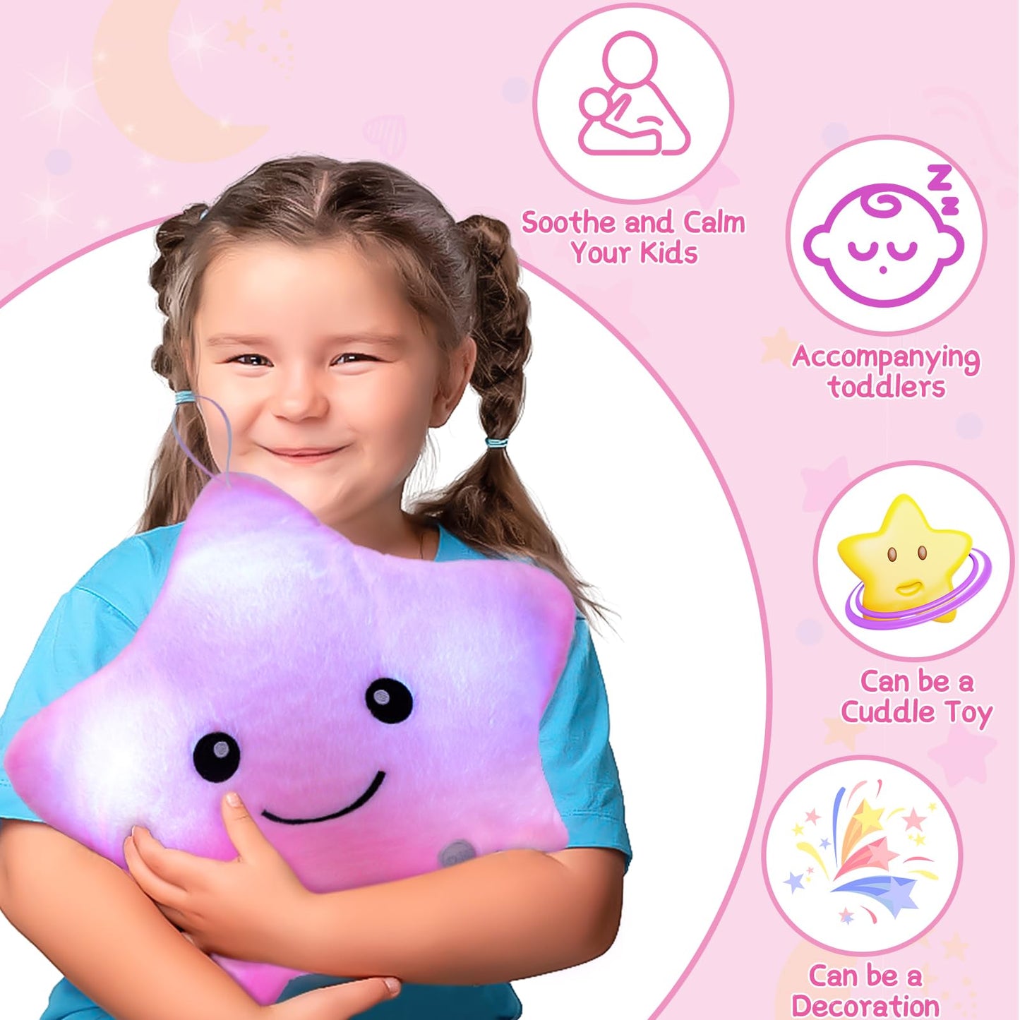 Subao Sensory Toys for Kids with Autism,14" Light Up Star Soft Plush Toddler Pillow,Autism Sensory Products,Stress Relief Kids ADHD Toys,Birthday Xmas Easter Gifts for Girls 3 4 5 6 7 8 9 10 Pink