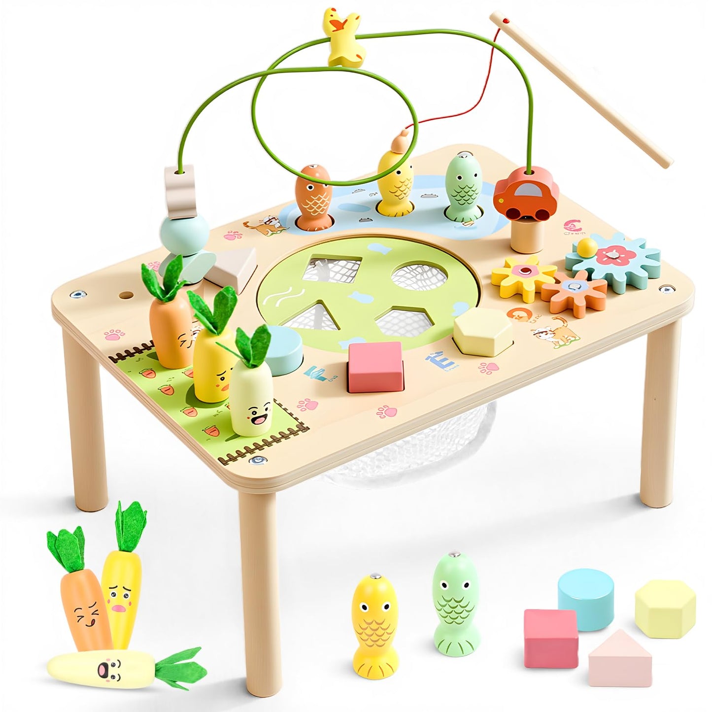 WINGYZ Activity Table, 6 in 1 Wooden Montessori Activity Center with Bead Maze Shape Sorter Fishing Game, Kids Sensory Play Table Toddler Toys 1st Birthday Gifts Boy Girl(Morandi)