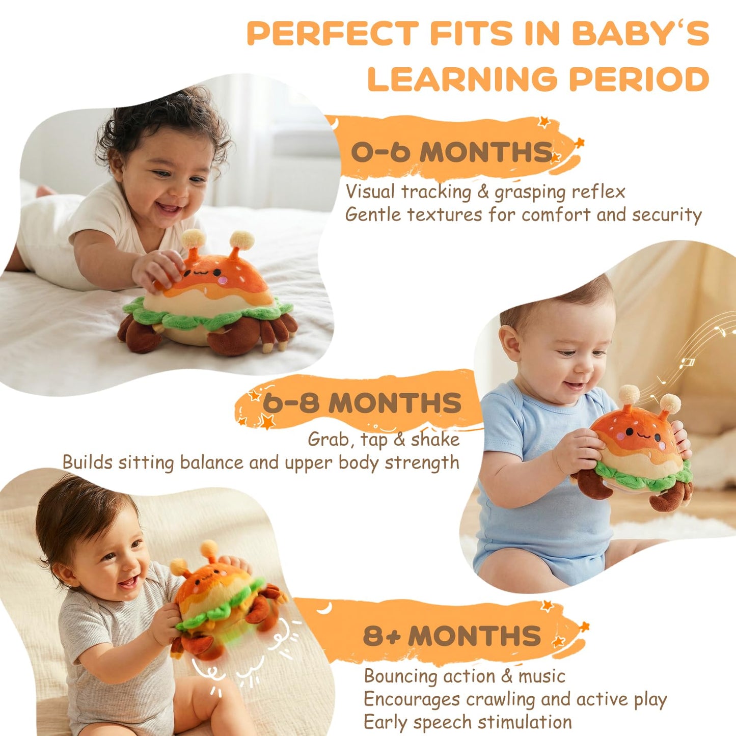 JoyCat Baby Toys 0-18 Months, Musical Crawling Crab Plush Toy - 38 Songs & Recording Feature, Bouncing Tummy Time Toy, Sensory Toys with Crinkle & Textures for Newborn Boys Girl Shower Gifts