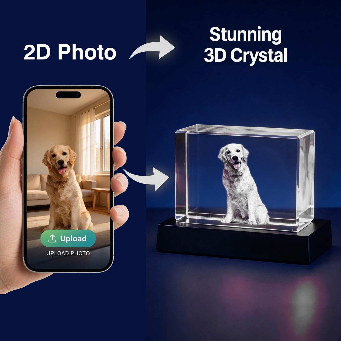 P&L ART. Custom 3D Crystal Photo Personalized Memorial Gifts, Laser Engraved Glass Remembrance Picture Frame with LED Base for Pet Dog Cat Loss (Rectangle S/M/L/XL)