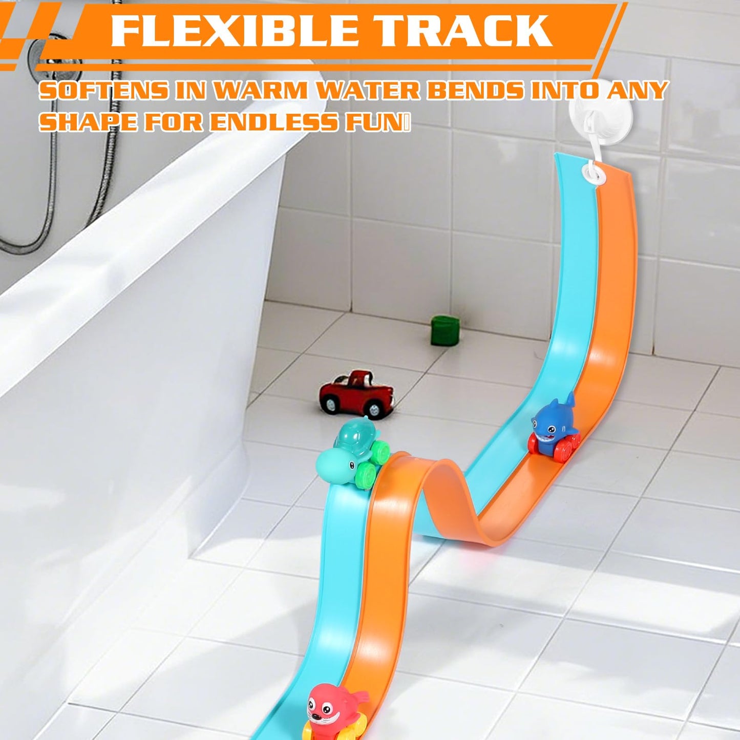 Race Car Bath Toys, Toddler Bathub Toy Set, 5 Ft Flexible Bath Race Track for Kids Ages 3+ , Cars Toy Gift for Baby Boys &Girls, Portable Rolls Up Race Tracks with 1 Mesh Storage Bag & 3 Suction Cup