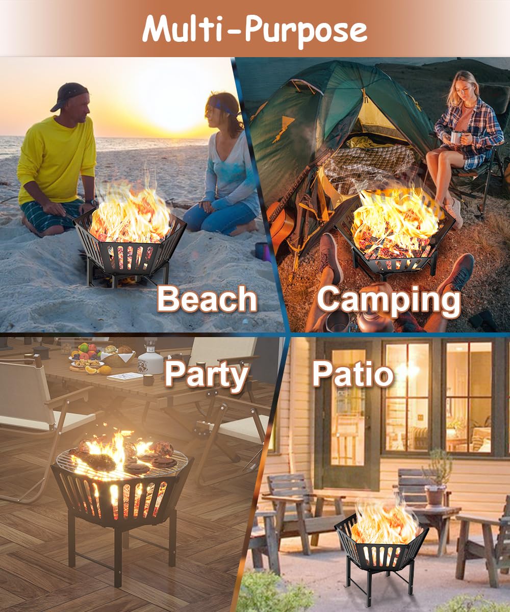 Waaliji 22.5 Inch Portable Hexagon Fire Pit with Travel Bag — Heightened Smokeless Design Outdoor Wood Burning Fire Pit for Camping, Backyard, Patio, Bonfire, Picnic and BBQ, Vertical Hollow Style