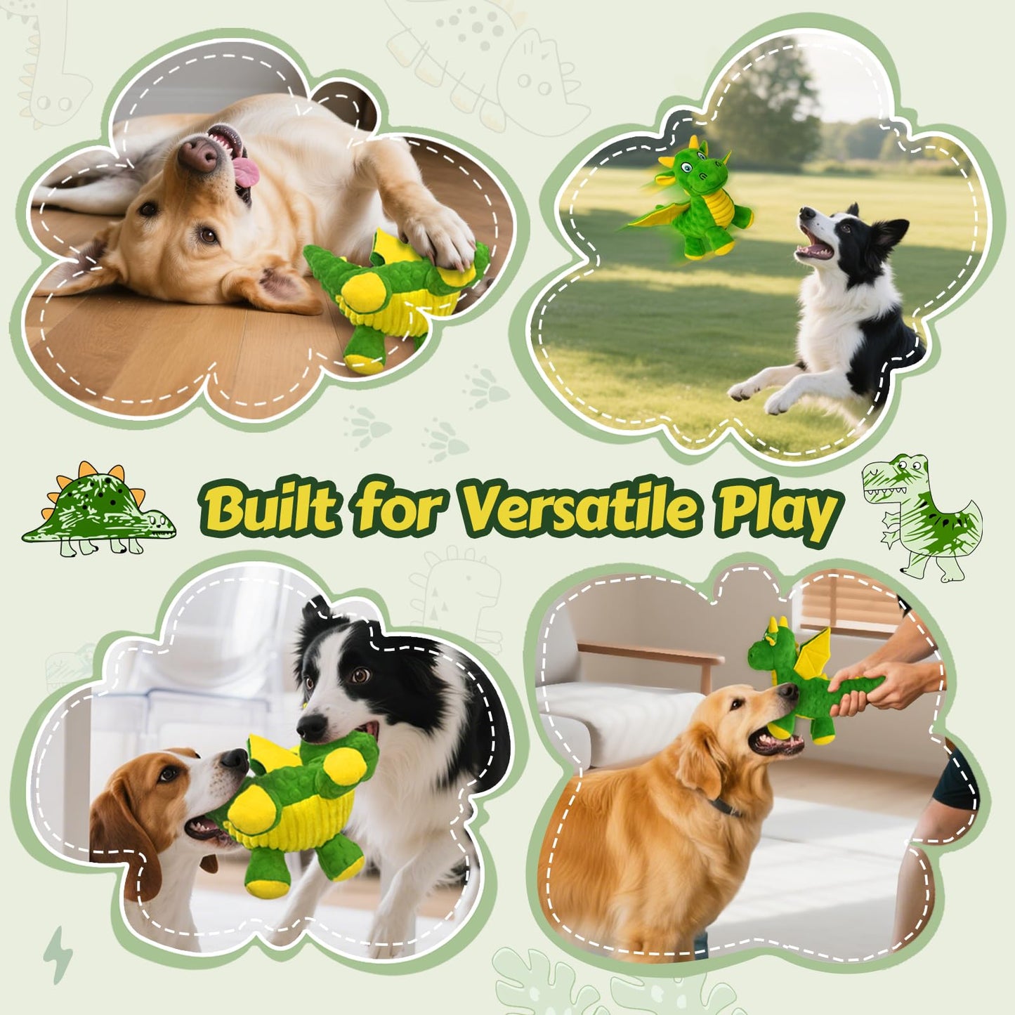 BBeary Squeaky Dog Toys - Soft Plush Dragon Dog Toy with 5 Squeakers & Crinkle Paper, Dog Toys for Small, Medium and Large Dogs to Keep Them Busy (Green,10")