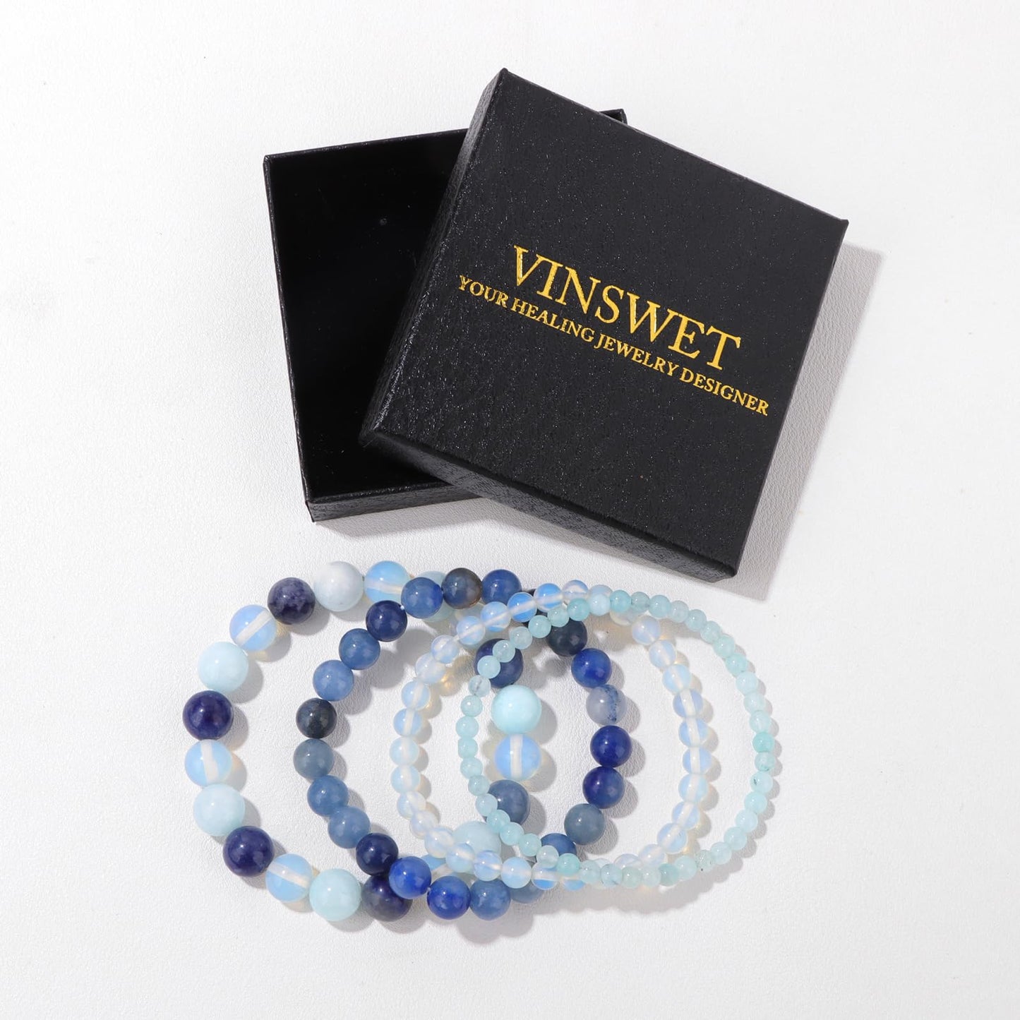 Vinswet 4pcs Natural Stone Beaded Bracelets for Women Men,Healing Crystal Gemstones Stretch Bracelet,4mm 6mm 8mm 10mm Opal Blue aventurine Amazonite Anxiety Stress Relief Bracelet Jewelry Gifts