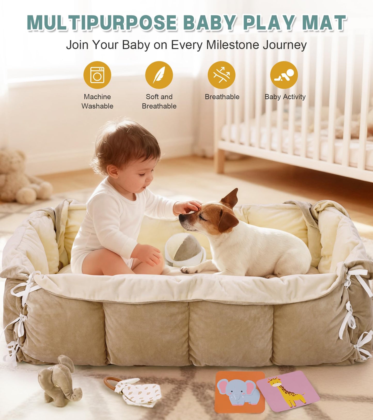 Lanabuna 5-in-1 Baby Play Gym and Tummy Time Mat, 12 Learning Cards, Plush Activity Mat with 6 Toys, Baby Gym, Convertible to Ball Pit, Baby Gift, Cream