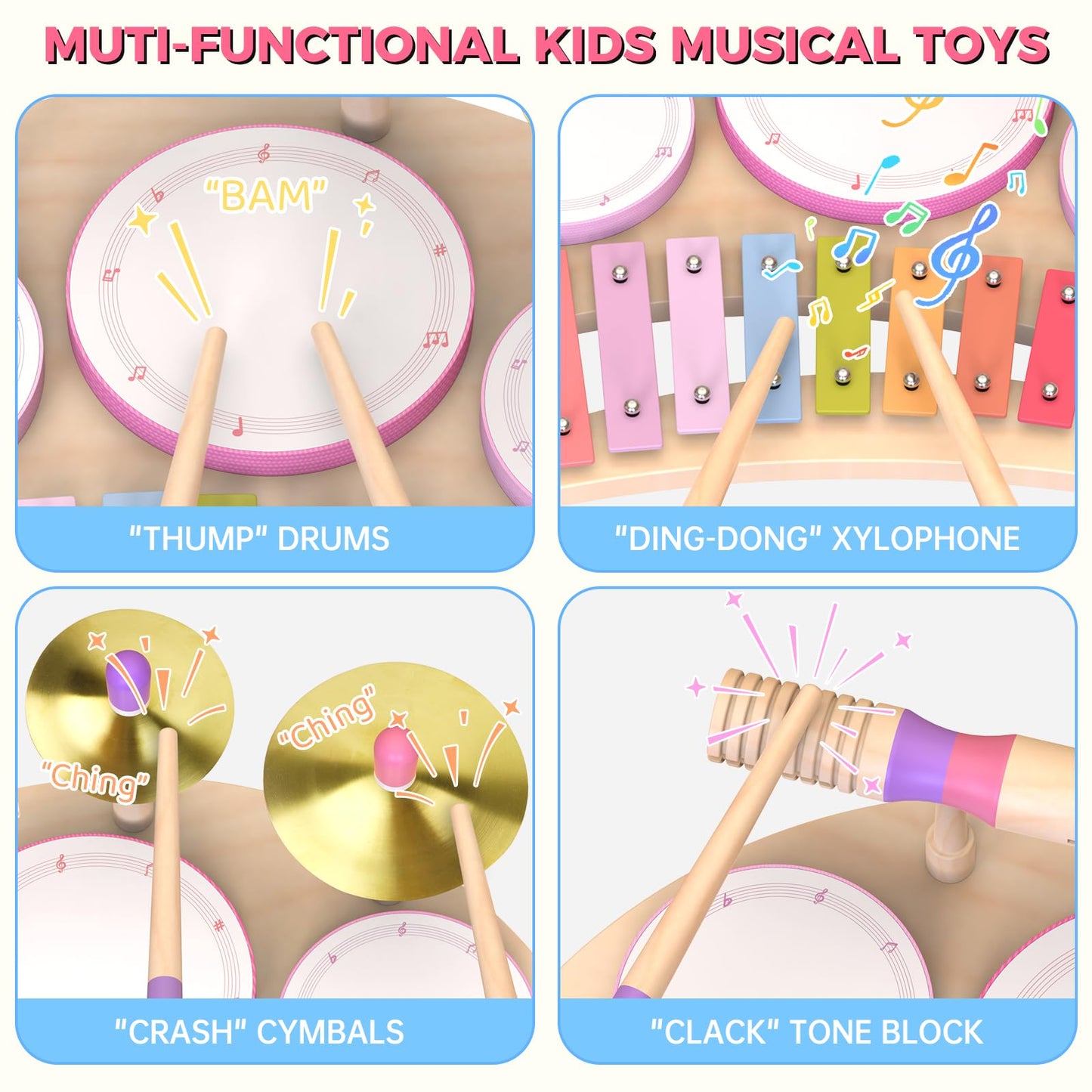 Toddlers Drum Set Toys for 1 2 3 Year Old Girls,Montessori Music Toy for Toddlers 1-3,Baby Drum with Xylophone,Musical Instruments Toy, Kids Birthday Gifts for Baby 18+ Months (Pink)
