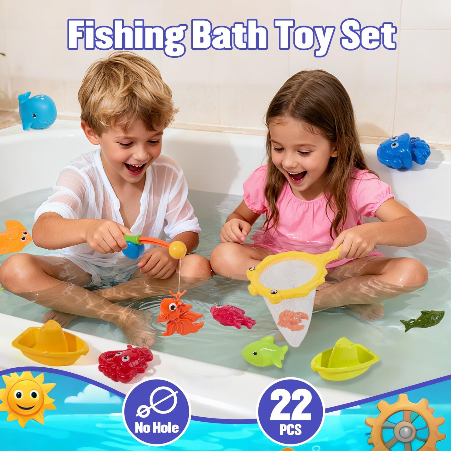 Toddler Bath Toys for Kids Ages 1-3, 22 PCS Mold Free Bath Toys Toddlers 2-4 with Fishing Toy Games, Fishing Pole Rod Net Tub Toys with Mesh Bag, Water Pool Toys for Kids Ages 1 2 3 4 5 6 8 Years Old