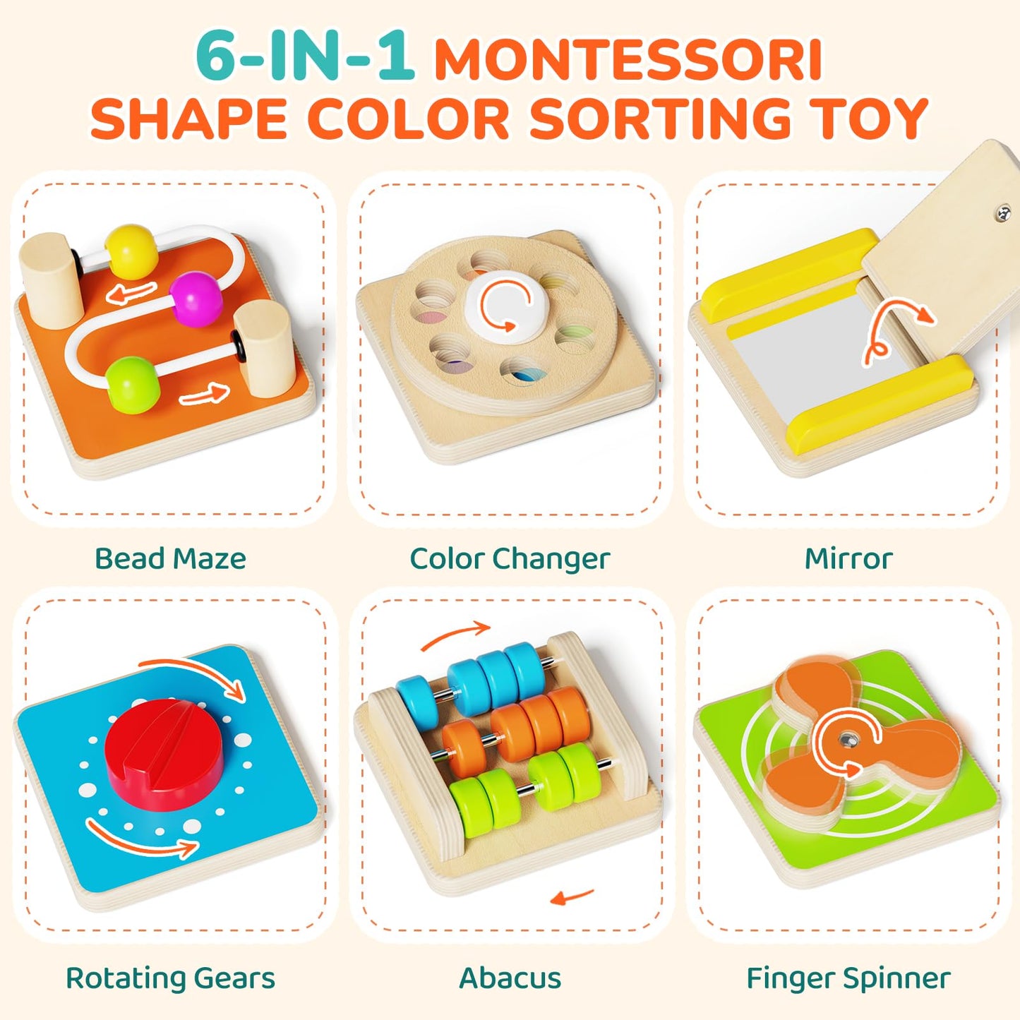 Paisure Montessori Busy Board for Toddlers 1-3, 6-in-1 Sensory Activity Cube, Fine Motor Skills Learning Toy with Bead Maze, Gears & Spinner, Quiet Travel Toy for 1 Year Old Boy and Girl Gifts