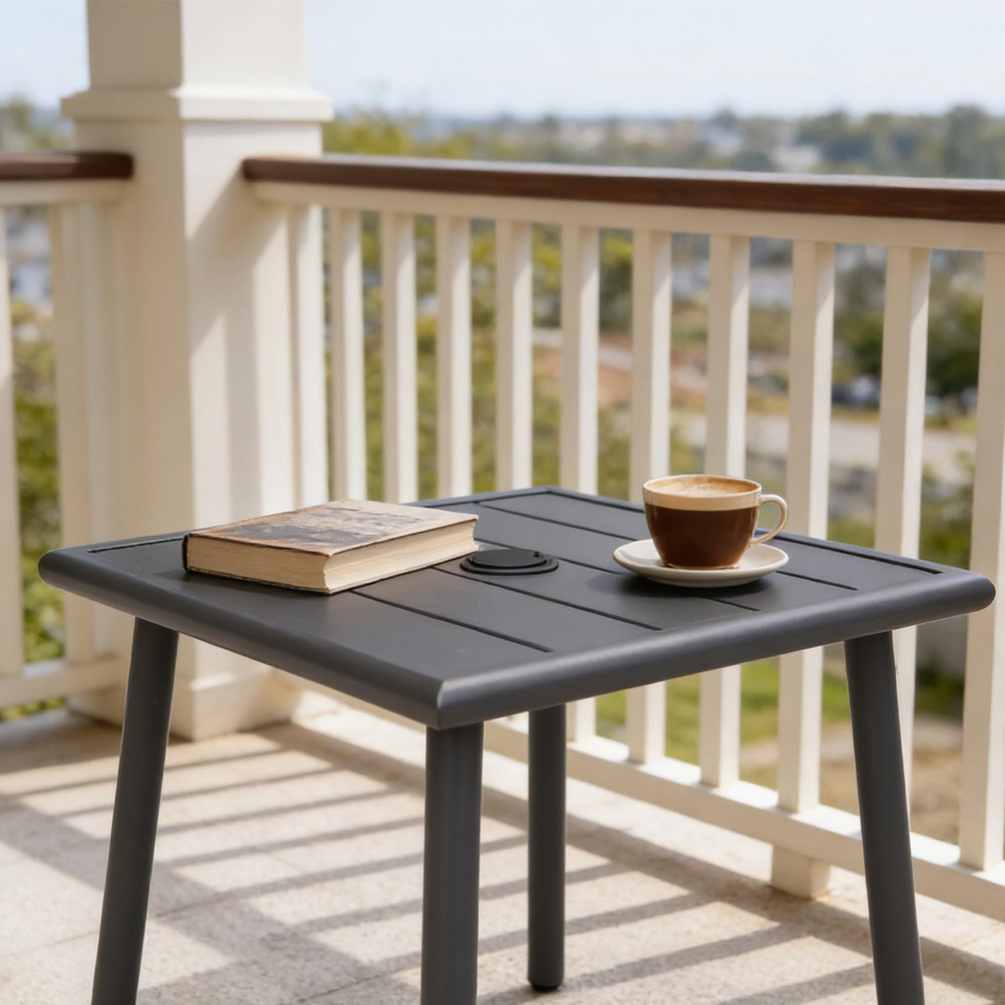 UFavo Home Small Metal Outdoor Side Table with Umbrella Hole Set of 2, Sqaure Patio Coffee Bistro Table End Table, Umbrella Table with Hole for Poolside Yard Porch Deck Balcony,19.7x19.7 inches, Black