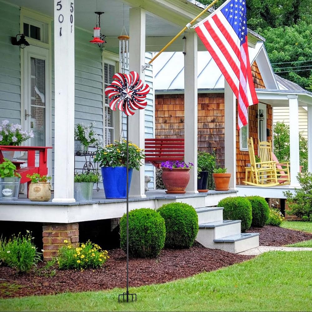 hogardeck 4th of July Wind Spinners Outdoor, Metal Wind Spinners with Stakes for Memorial Day Decorations, 360° Rotating Double Layers Windmill Yard Art for Outside Lawn Porch, Red White Blue