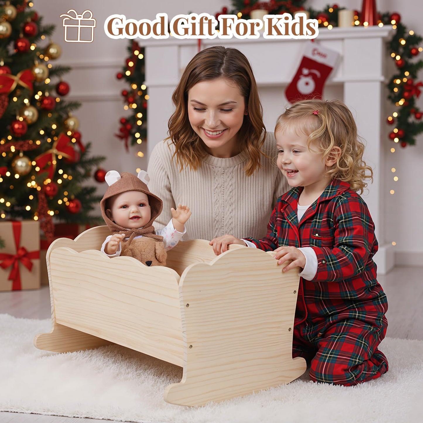 BABESIDE 3 Pcs Baby Doll Crib Set for Dolls up to 16 Inch, Wooden Baby Doll Accessories Babydoll Bed Dolls Cradle with Bedding Set for Kids Pretend Play Toys, Wood Doll Crib