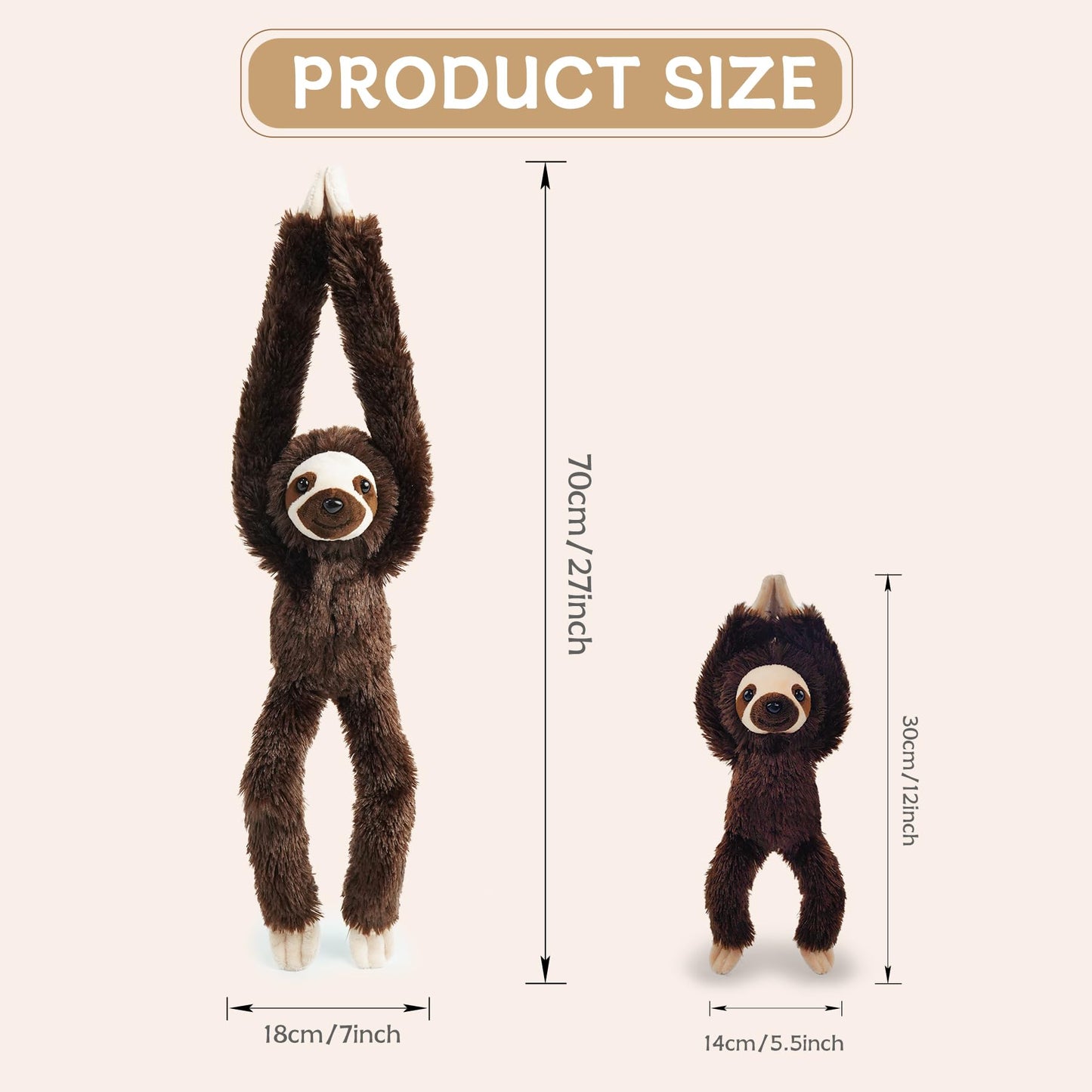 Hideekoog 2pcs Sloth Hanging Stuffed Animal Mother with Baby Hanging Plush Toys, Three-Toed Sloth Hooks and Stuffed Animals with Rings for Kids, Gifts for Boys and Girls