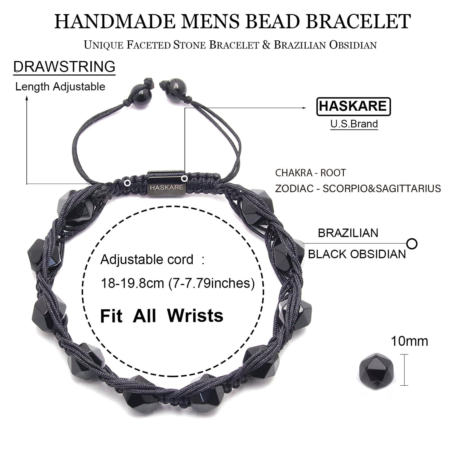 HASKARE Easter Gifts for Men Teens - Handmade Gift Protection Strength Natural Obsidian Beaded Bracelet for Dad Son Husband Brother Boyfriend