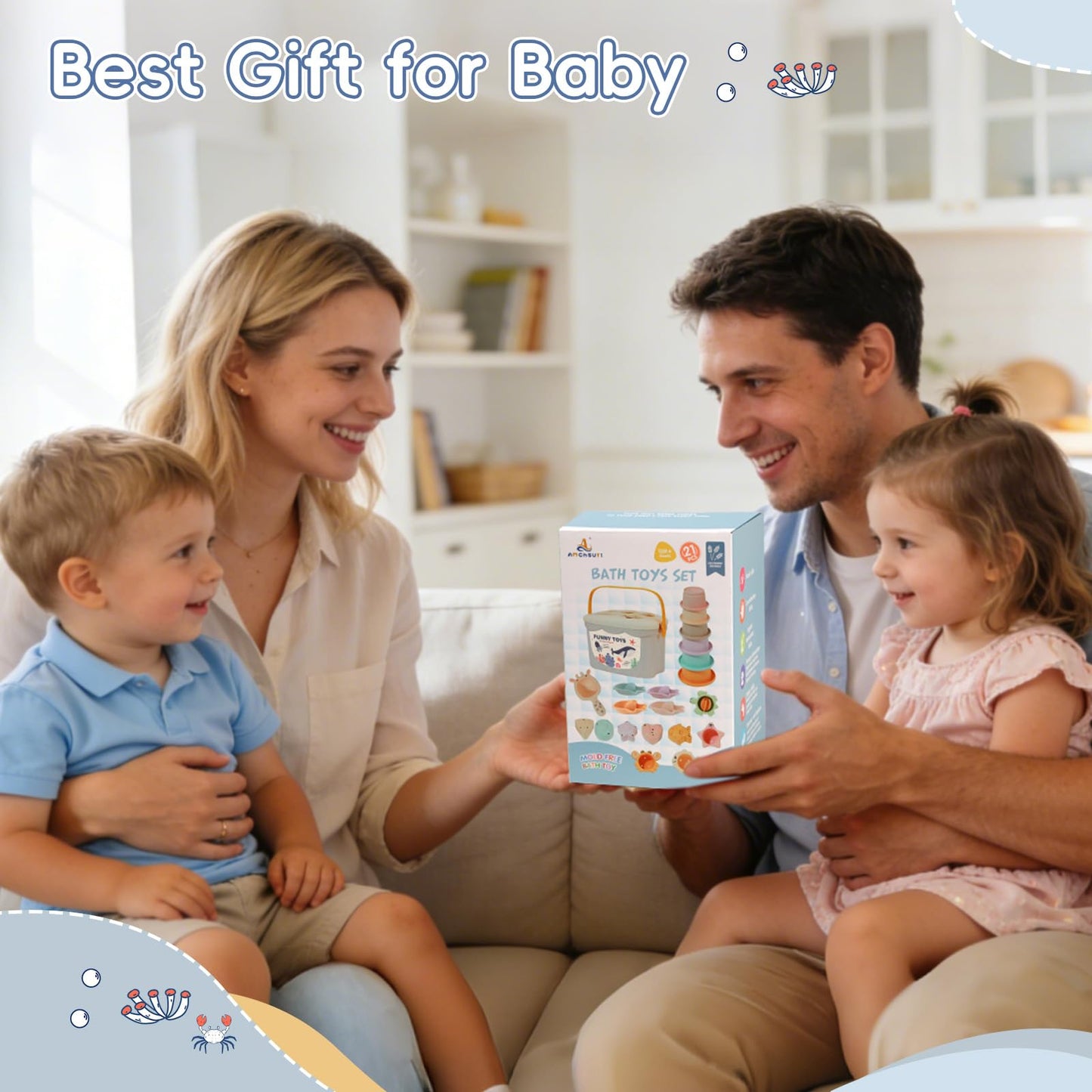Baby Bath Toys, 21PCS | Easy Clean & Mold Free Bath Toys for Babies 6-12 Months | Educational Shape-Sorting Lid & Baby Stacking Cups | Tub Water Pool Beach Toy for Baby Gift with Portable Storage Bin