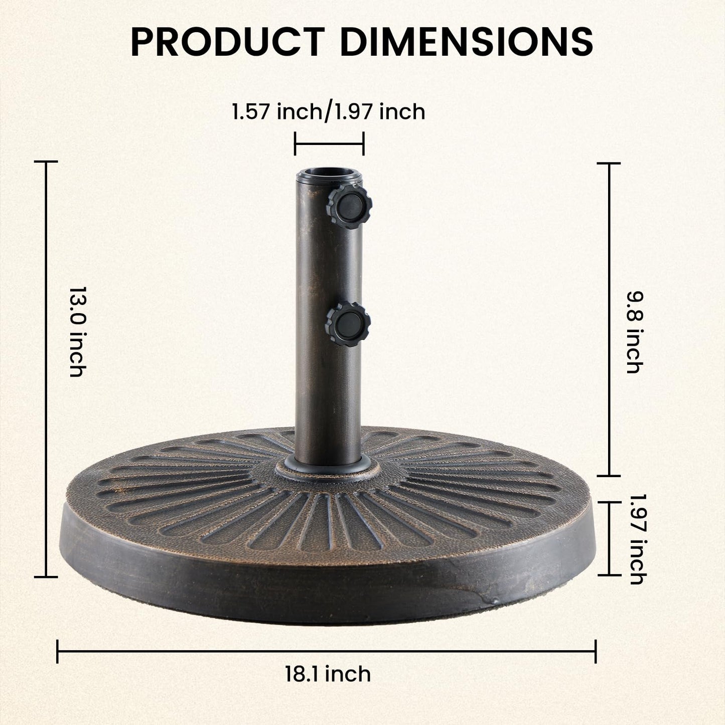 DUMOS 30LBS Heavy-Duty Outdoor Umbrella Base, Weather-Resistant Resin Patio Umbrella Stand, Rust-Proof Coated Umbrella Holder for Garden/Pool/Backyard, 2 Securing Knobs, 2 Pole Adapters, Bronze