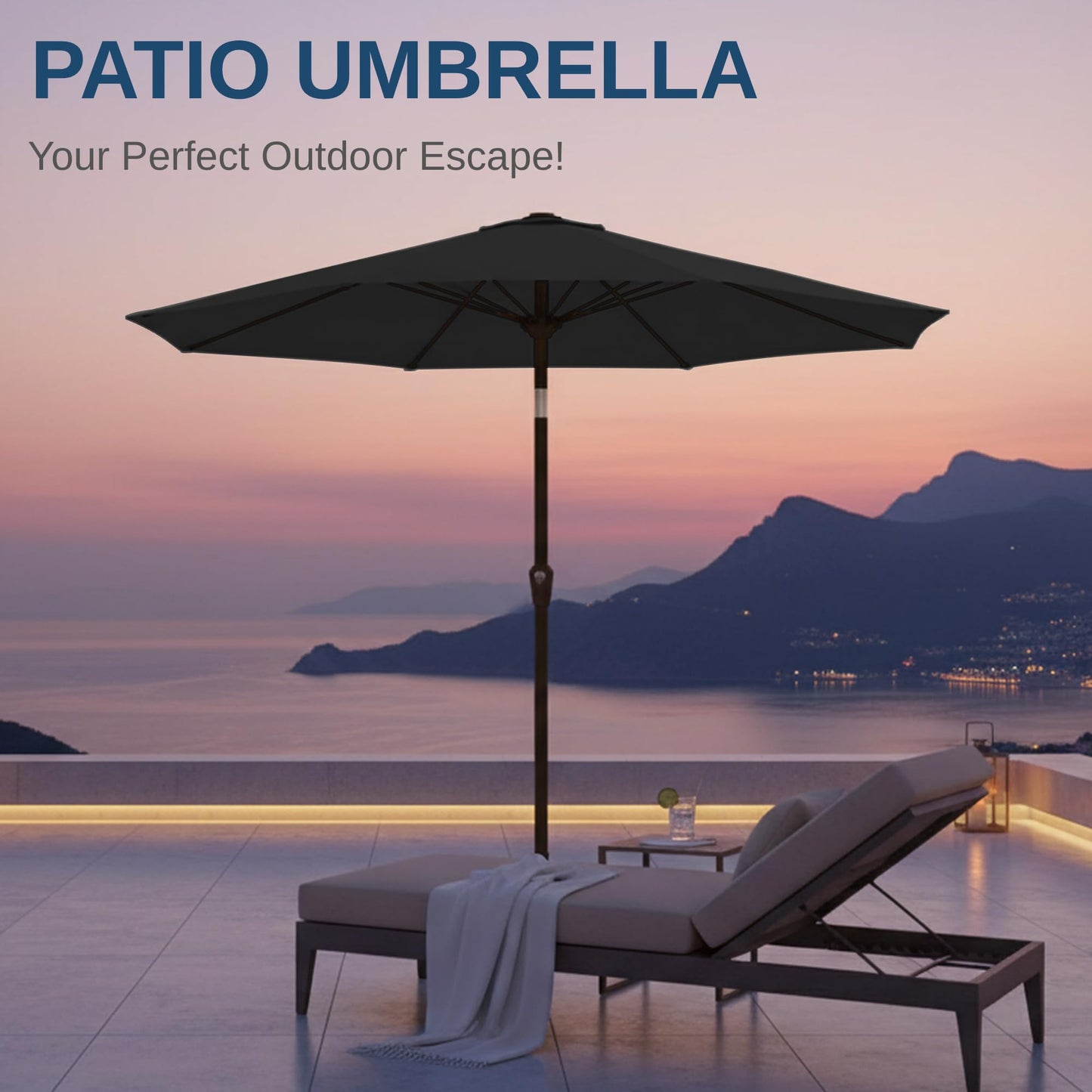 Tobeos 11FT Patio Umbrella, Outdoor Umbrella with with 8 Sturdy Fiberglass Ribs,Market Table Umbrella with Push Button Tilt and Crank,Suit for Backyard,Garden,Pool,Deck(Black)