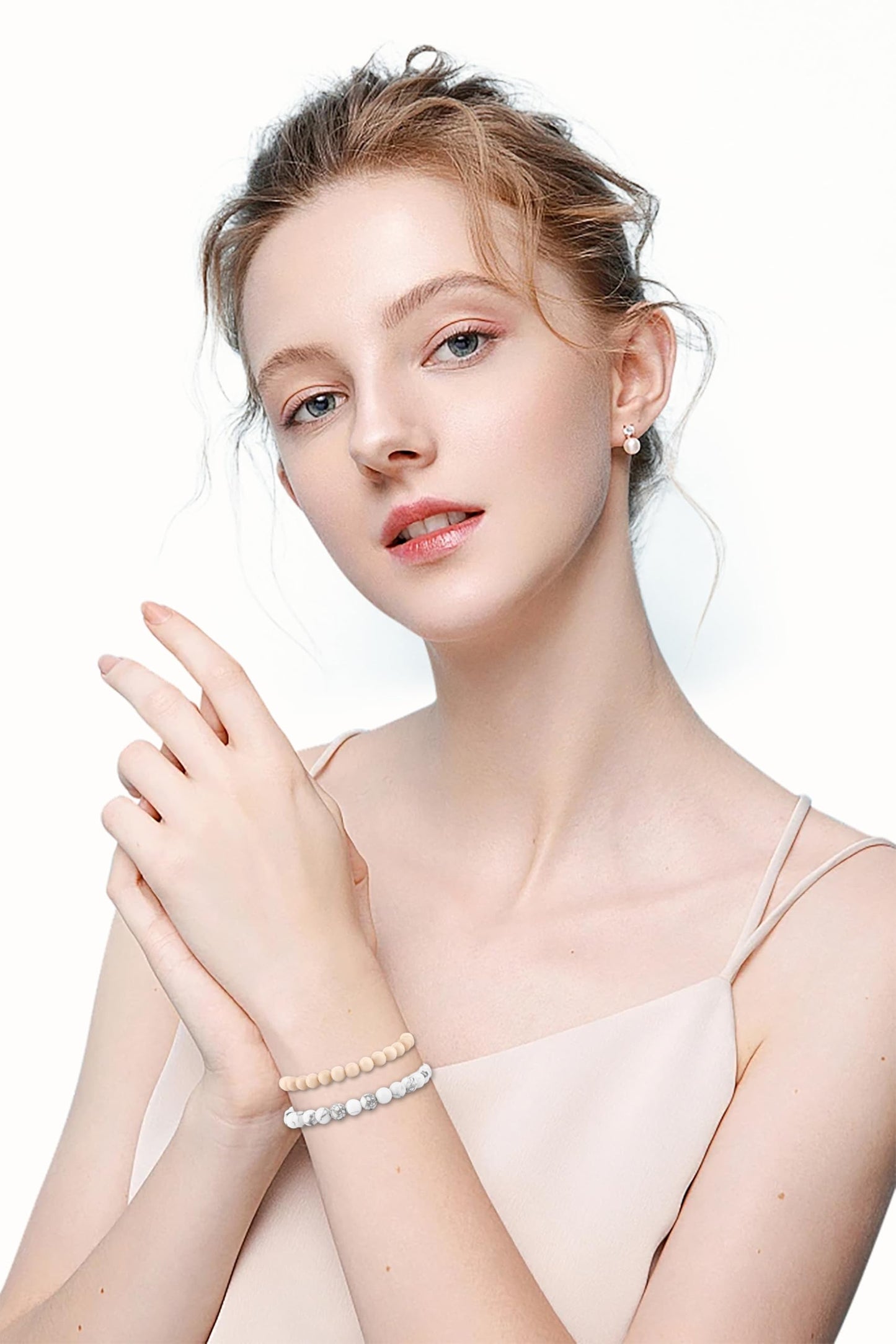 NCB 2-Piece 6mm Natural Crystal Gemstone Stretch Bracelets – Howlite, White Fossil Jasper Handmade Reiki Energy Healing Jewelry for Meditation,Yoga, Unisex