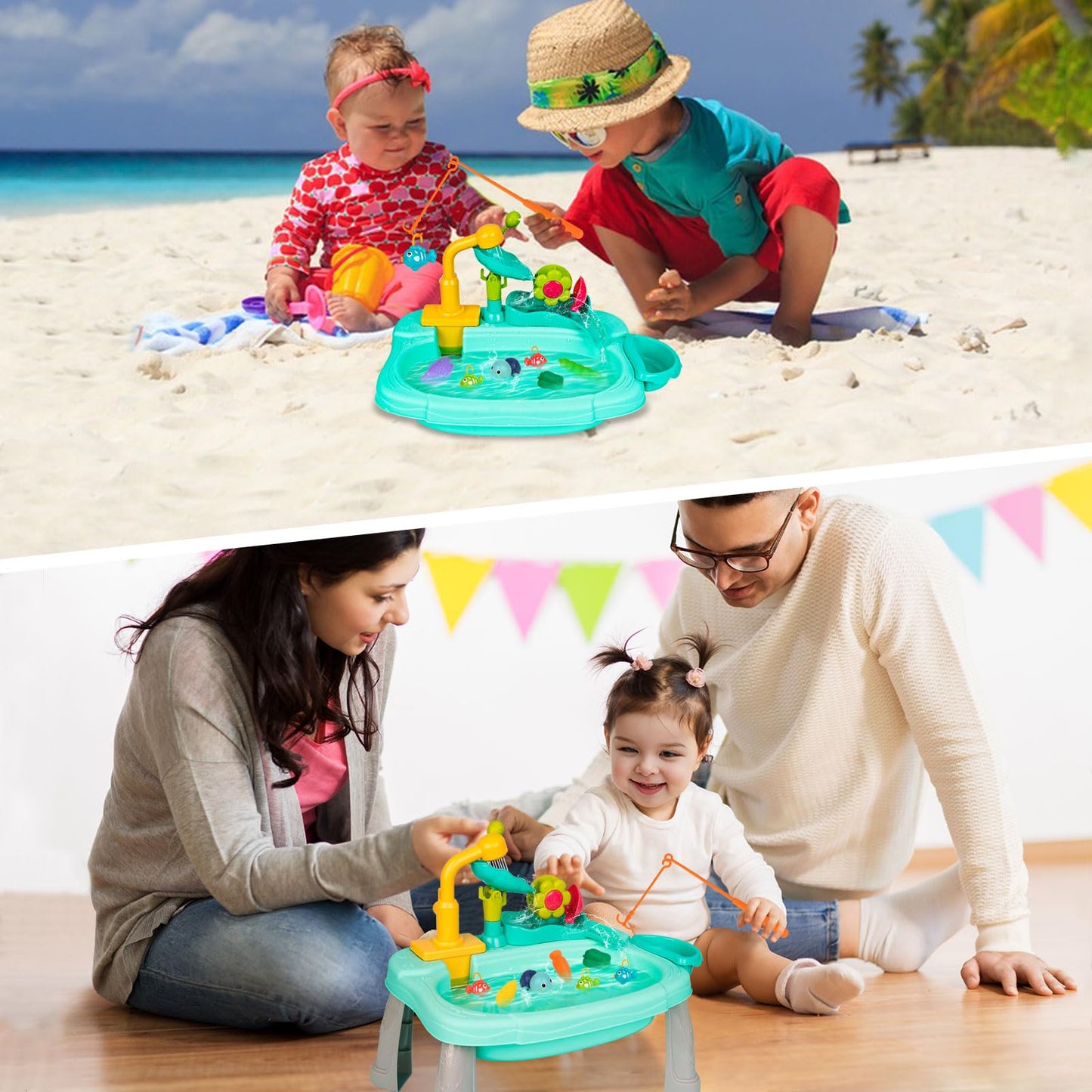 Mini Water Table for Toddler 1-3, Kids Play Sink with Running Water, Outdoor Toys for Kids Ages 4-8 with 360° Electric Faucet, Floating Fishing Game, Sensory Activity Kitchen Toy for Boys Girls