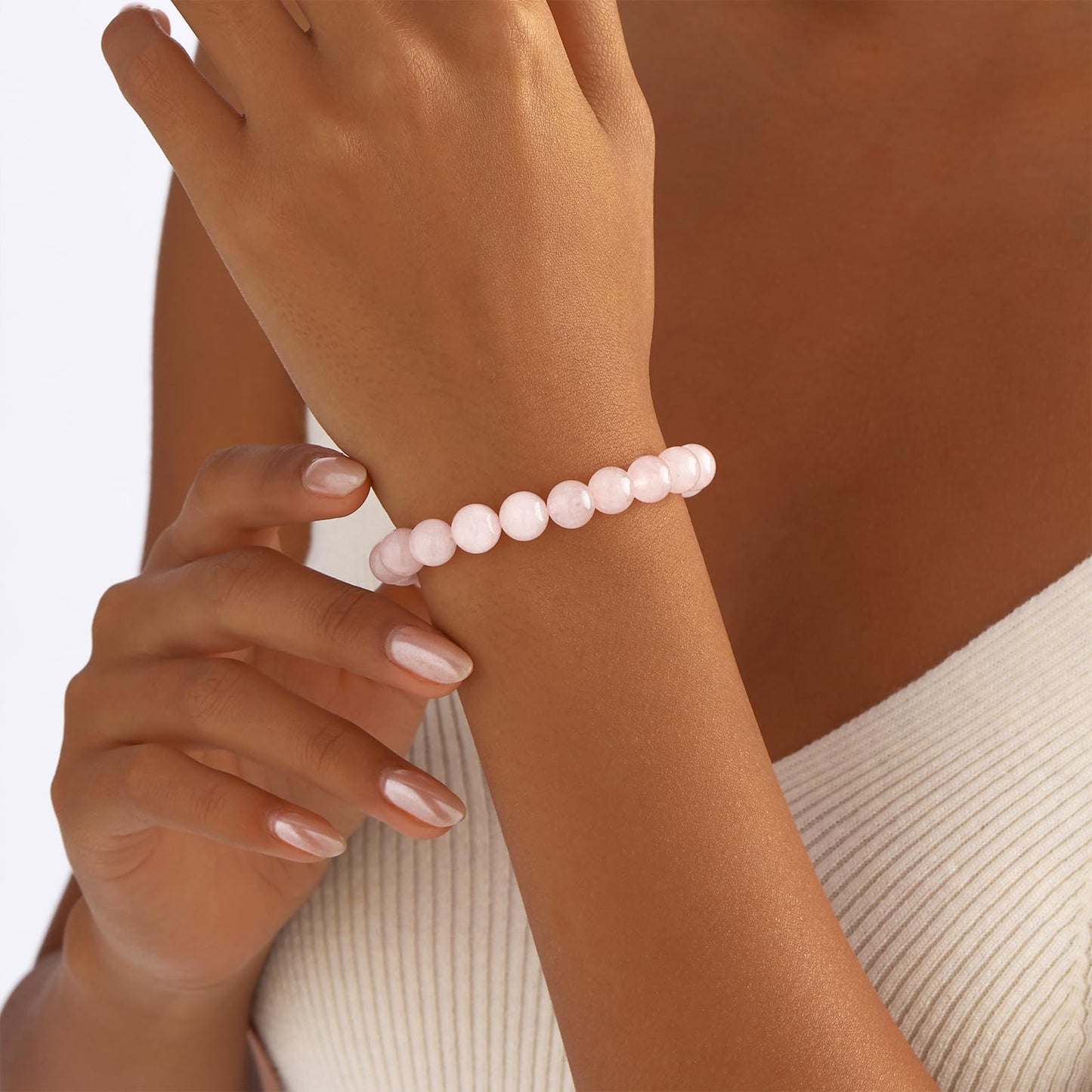 Kenailw Rose Quartz Crystal Beaded Bracelet for Women Gemstone Bracelet Natural Stone Anxiety Healing Protection Jewellery Gifts for Her Mum Daughter Gift