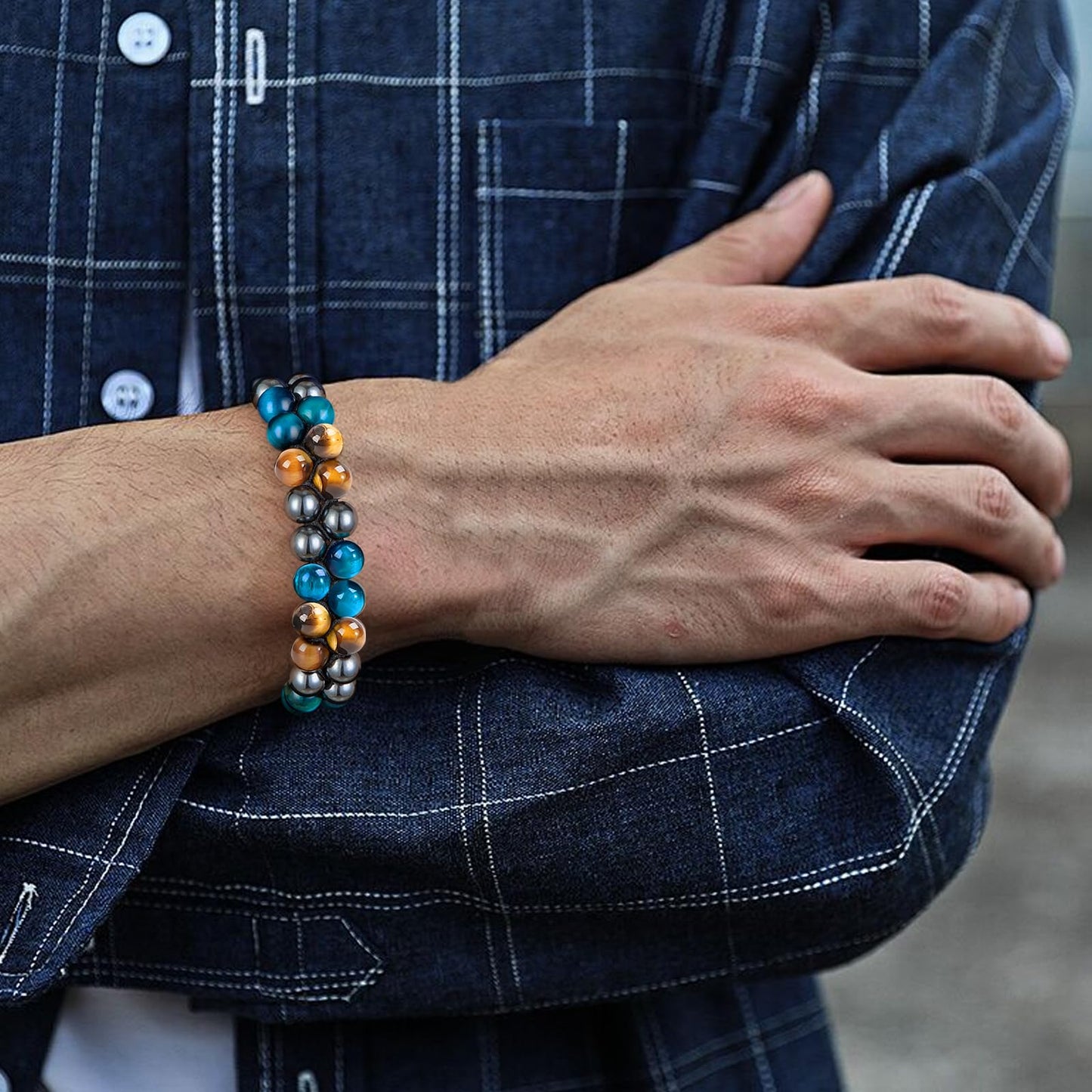 MIDON Tiger Eye Bracelet, Triple Protection Bracelet for Men Women, Handmade Tiger Eye Beads Hematite and Black Obsidian Jewelry Natural Stone Healing Energy Crystal Bracelets