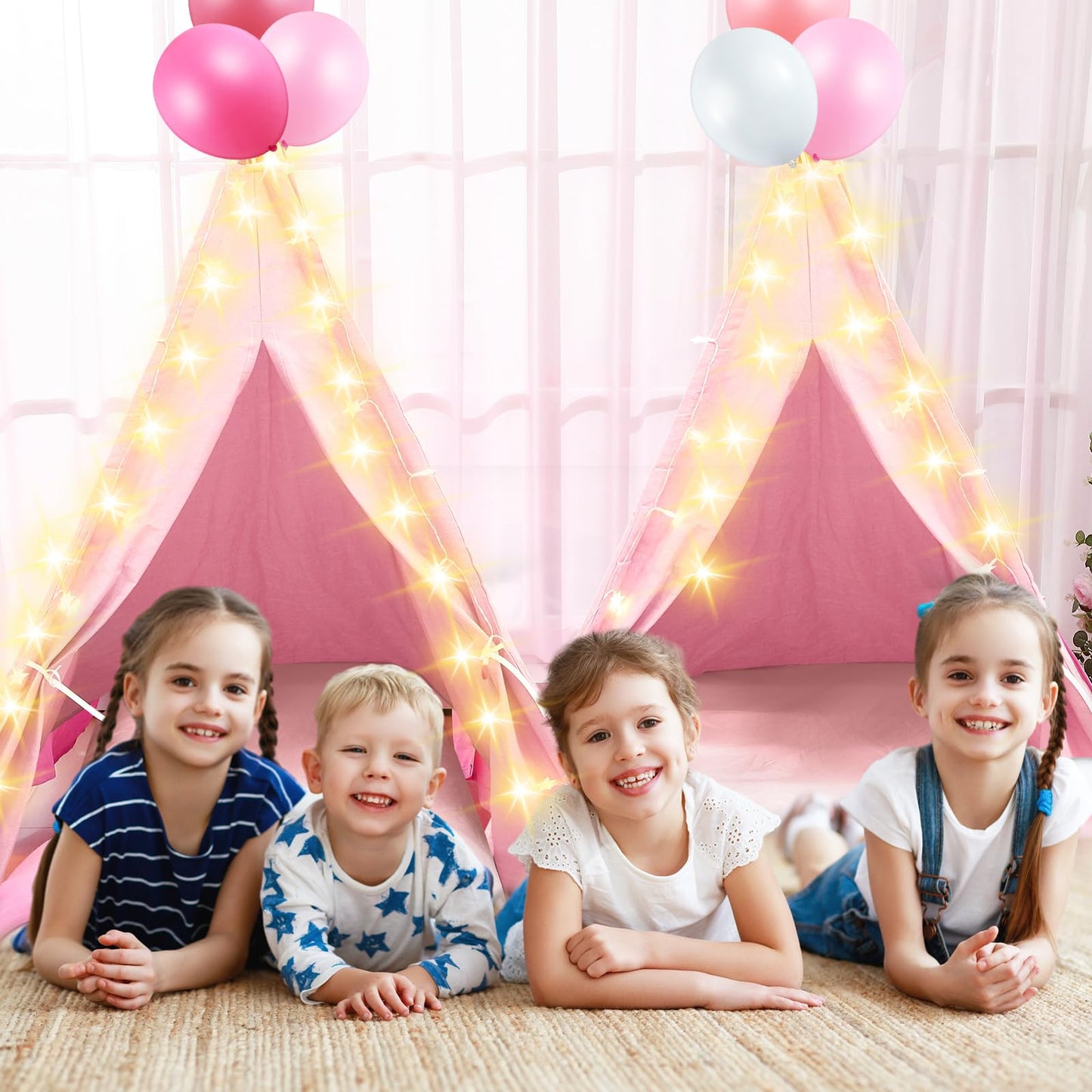 Lemosae 6 Pack Sleepovers Teepee Tent for Kids Bulk with Mattress Sheet Light,Natural Cotton Washable Indoor Play Tent for Birthday Slumber Party Girls Boys Pajama Movie Night Supplies(Light Pink)