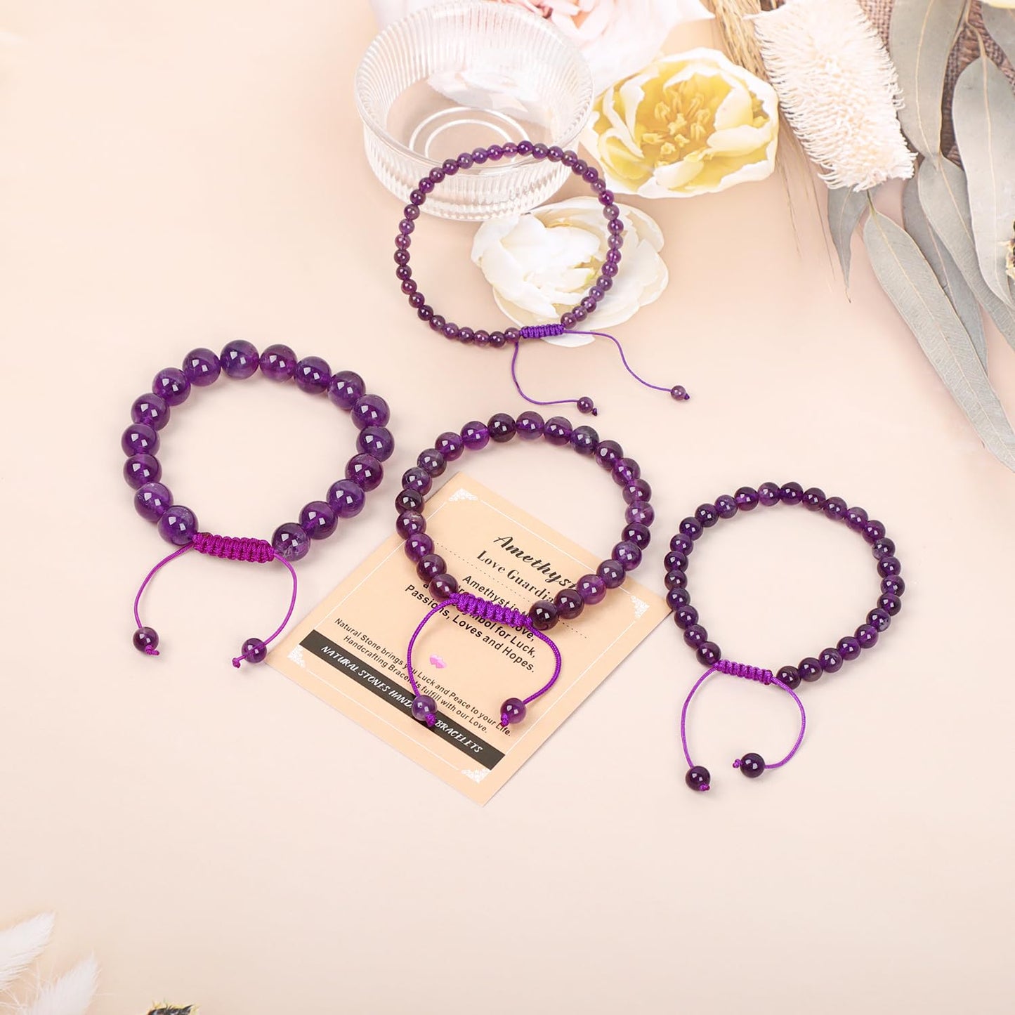 AD Beads 4mm Amethyst Bracelet - Stone of Love Guardian - Handmade Natural Stone Crystal Bracelet with Adjustable Macrame String - Yoga Healing Power Energy Gifts for Men and Women