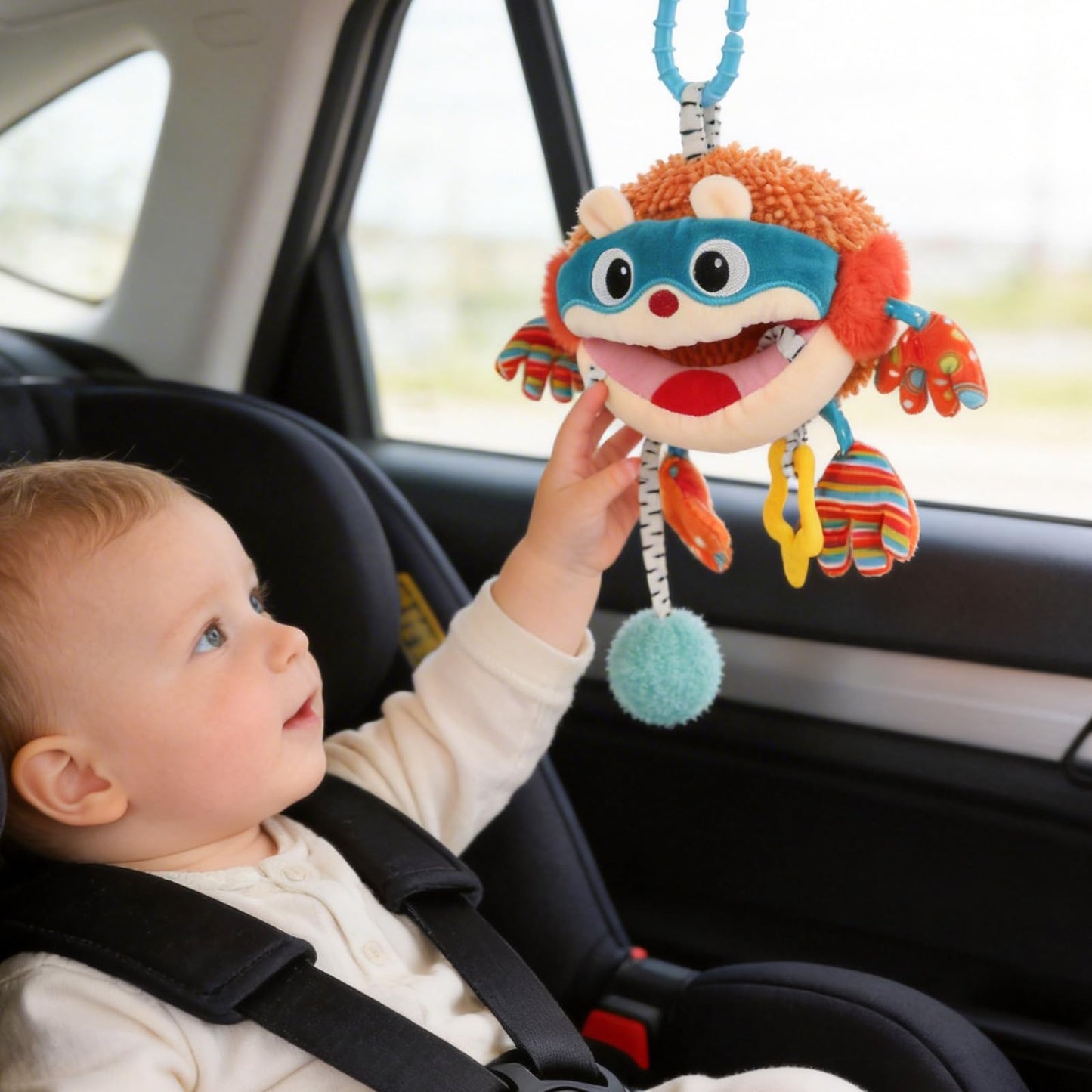 Baby Car Seat Toys Hanging- Sensory Ball Travel Toys for 6 7 8 9 10 11 12 Monthes with Rattle, Teether, Squeaky, Crinkle,Textures, Soft Montessori Plush Toys Newborn Gift Boys Girls Infant Roadtrip