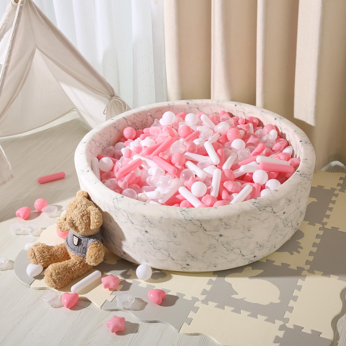 STARBOLO Ball Pit Balls for Kids -200pcs Stars Hearts Strips Crush Proof Play Balls Plastic Macaron Toy Balls for Ball Pit, Baby Pool Water Toys, Play Tent, Birthday Party Decoration