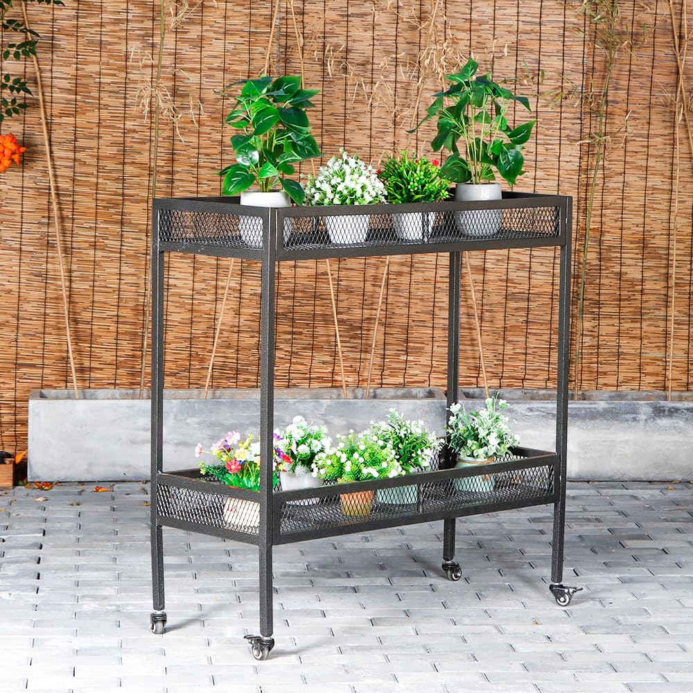 DHYGOTFUR 2-Tier Aluminum Plant Stand Outdoor Indoor with Lockable 360° Wheels & Grid Guardrails, Heavy-Duty Metal Plant Rack Anti-Fall, Mobile Display Shelf for Patio Garden Balcony Lawn