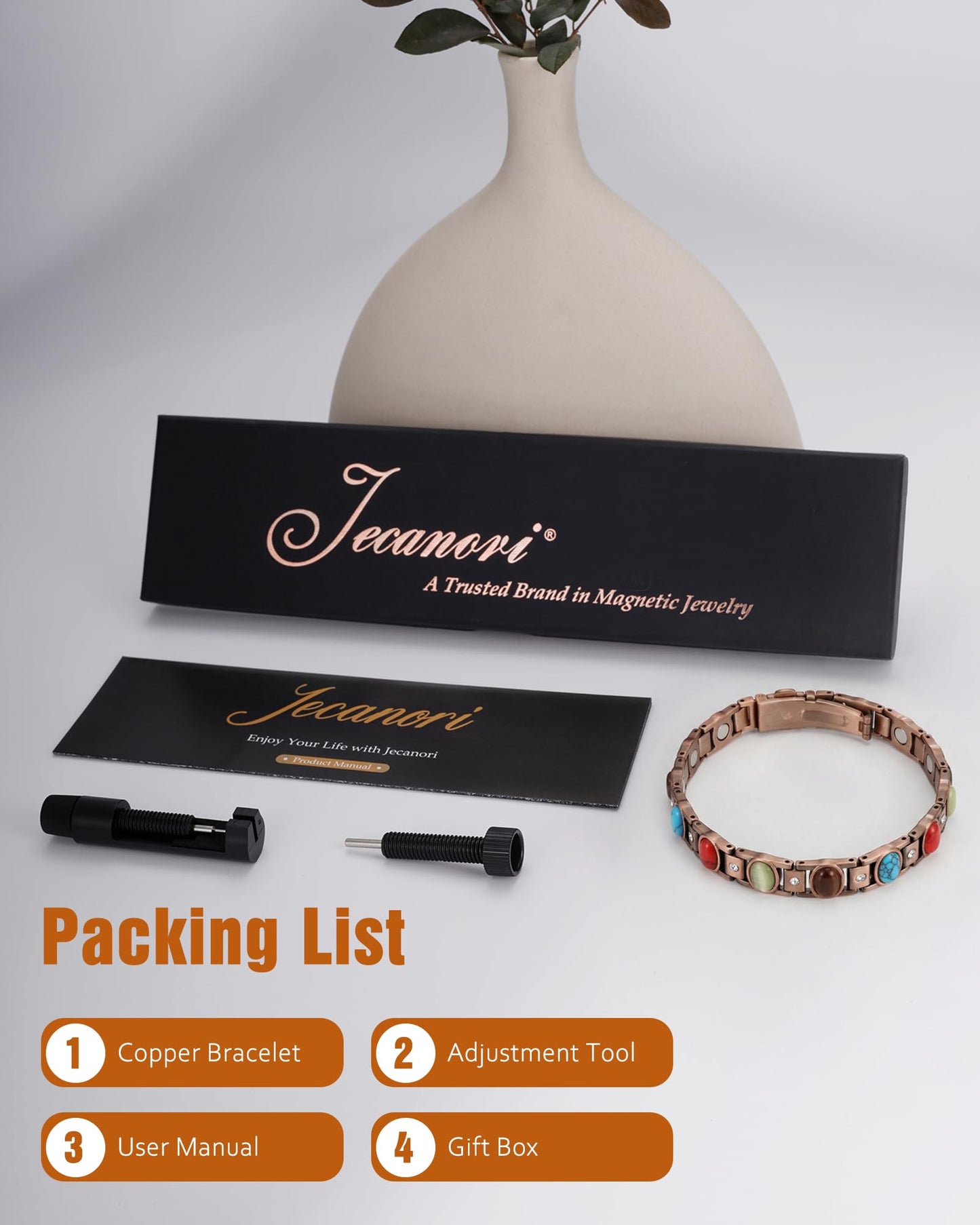 Jecanori Pure Copper Bracelets for Women, Ultra Strength Magnetic Bracelet with 3500 Gauss Magnets & Natural Turquoise Stones, Adjustable Jewelry Gift