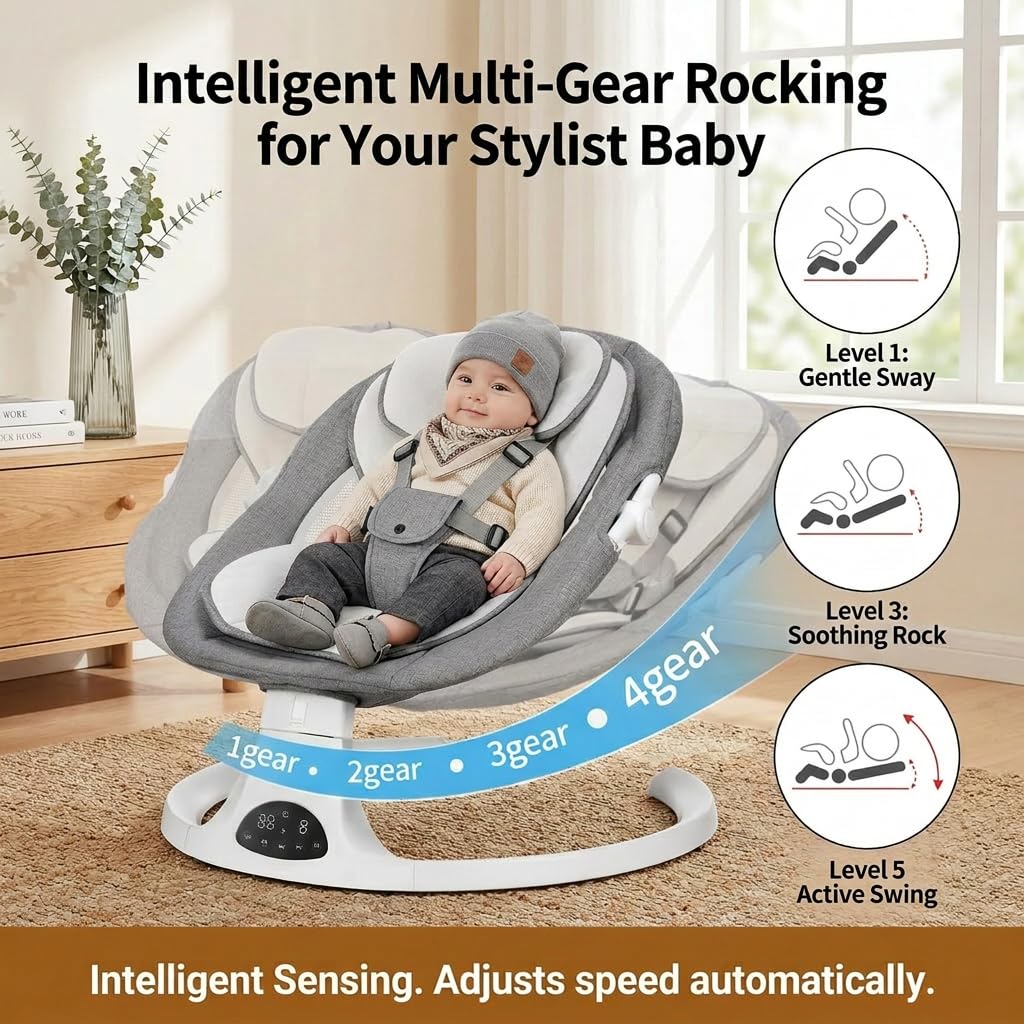 Baby Swing for Infants and Newborns, 3-in-1 Portable Infant Swing and Rocker Chair with Adjustable Motion, Music, 5-Point Harness, Lightweight Baby Seat for Indoor Use