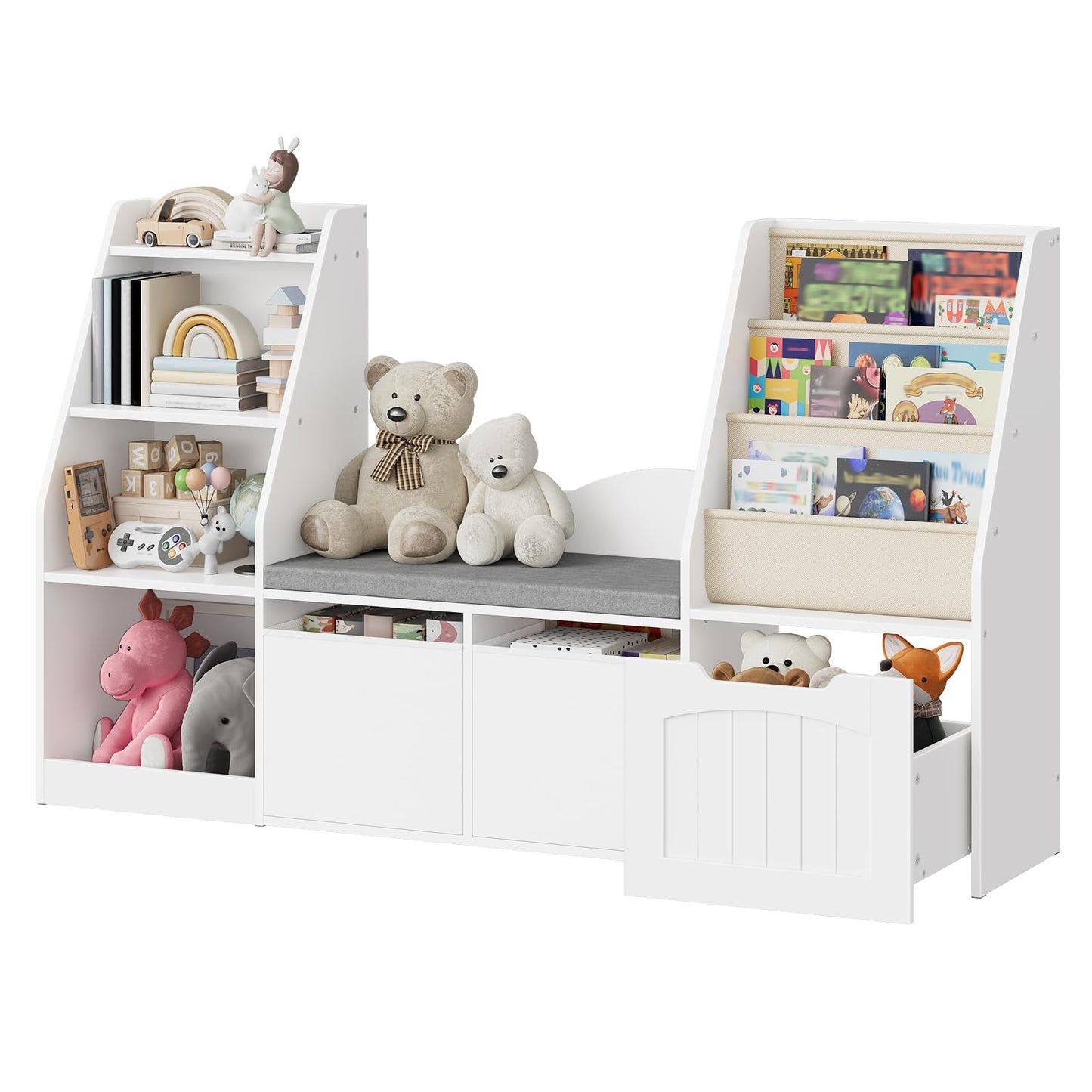 CHOEZON 53.1" Kids Bookshelf with Reading Nook, 4-in-1 Children's Bookcase with Soft Bench, Mobile Drawer & Fabric Bins, Storage Shelves, Bookshelf for Kids, White MCW18WB