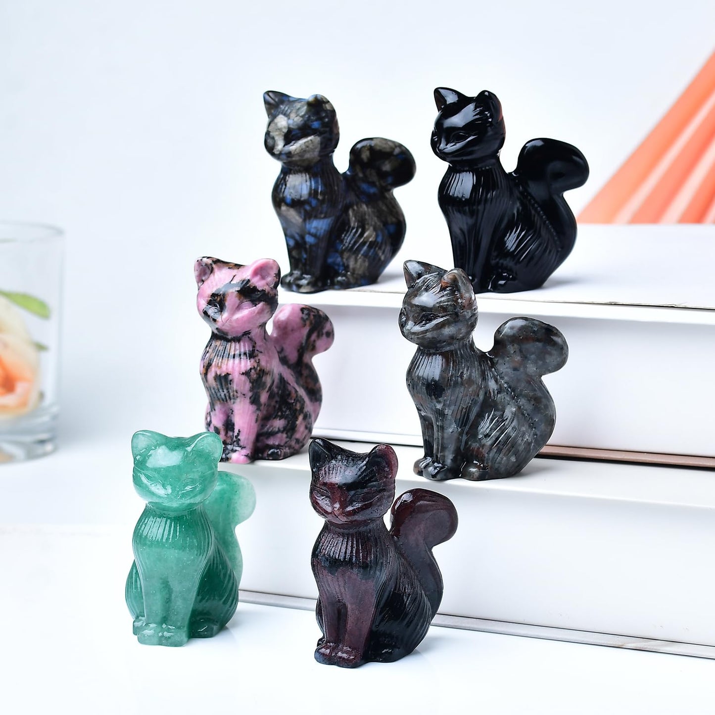 WUYOUSHI Natural Blue Amphibole Crystal Cat Statue 2.4 Inch - Handmade Healing Sculpture, Lucky Guardian Pocket Statue for Reiki Meditation, Office & Home Decoration Gift