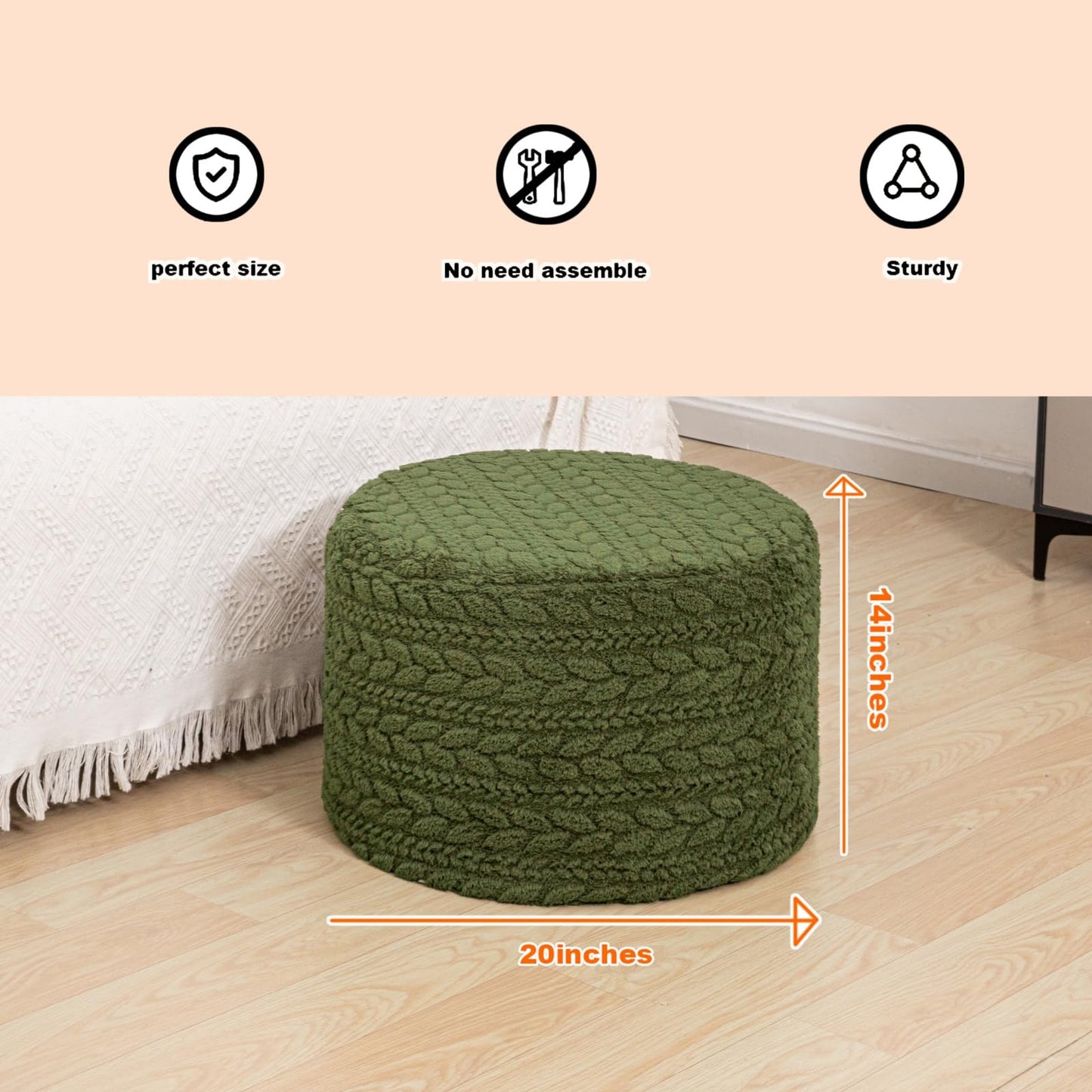 Round Pouf Ottoman 20 x 20 x 14 Inches Boho Poof Home Decor Floor Pouffe Ottoman Foot Rest for Couch Sofa Bean Bag Chairs Living Room Bedroom (Green)