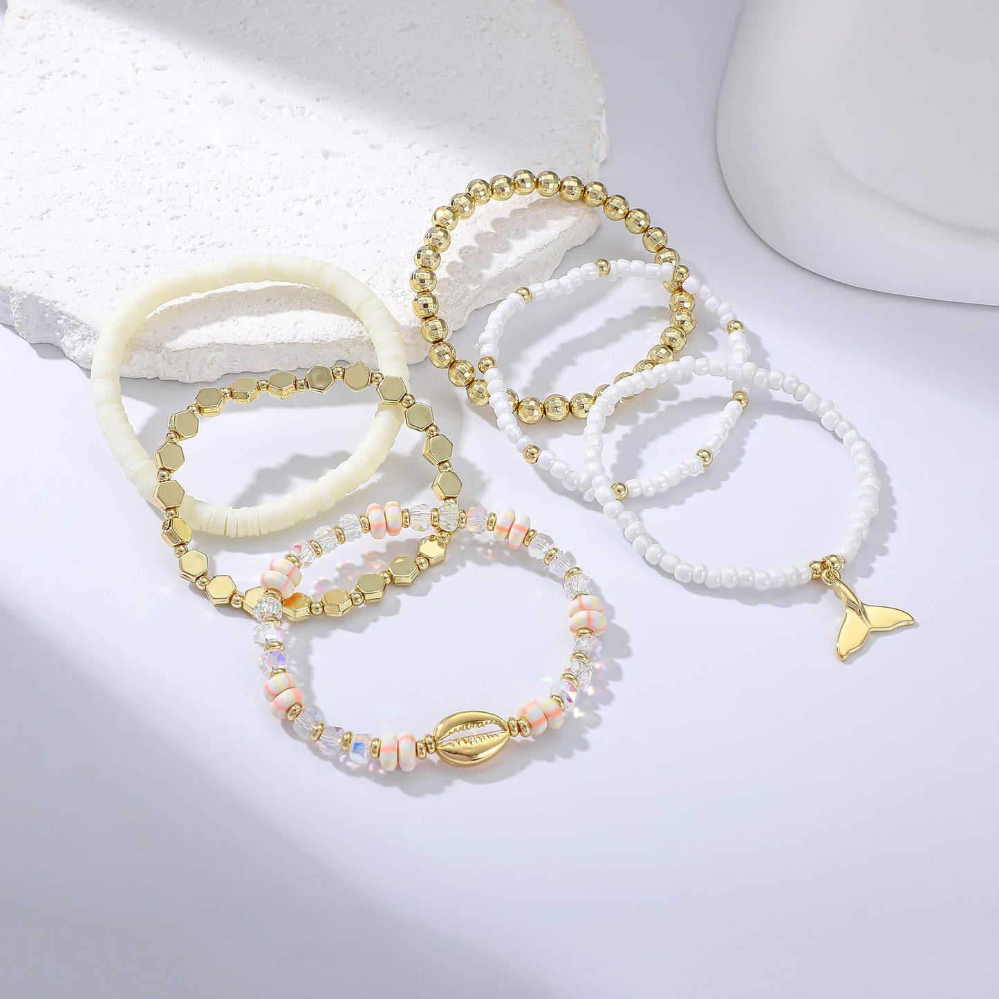 RISHEGAE Heishi Beaded Stretch Bracelets for Women Stackable Gold Polymer Clay Beads Bracelets Friendship Boho Summer Beach Bracelet Jewelry Set (E-Summer 6pcs)