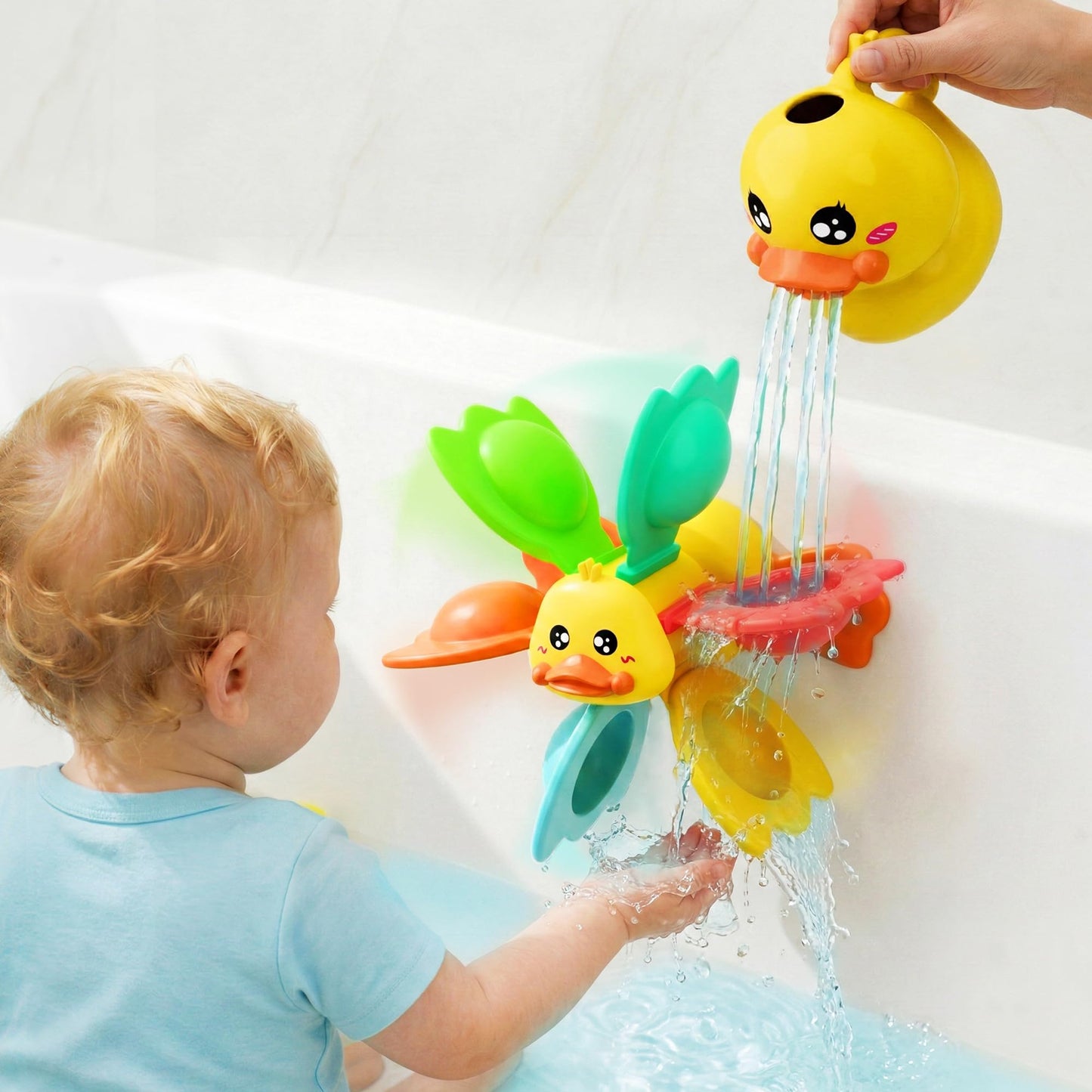 iPlay, iLearn Baby Duck Bath Toy, Toddler Bathtub Shower Toy W/ Suction Spin Gear, Floating Animals, Fishing Net Pool Water Play, Birthday Easter Gift 6 12 18 Month Infant 1 2 3 Year Old Kid Boy Girl