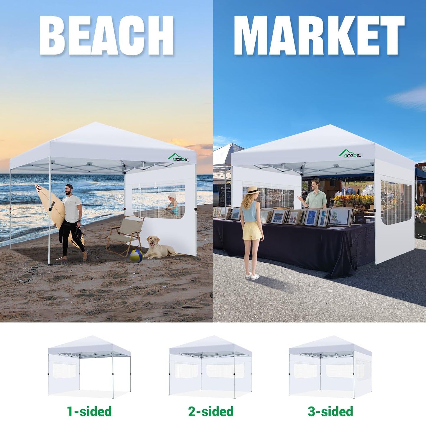 Acepic Instant Canopy SunWall for 10x10 Pop Up Canopy Frame with Mesh Window and Zipper, 99% Rainproof and UV Protection for Outdoor, Viewing the Scenery, and Ventilation (3 PCS Sidewalls Only, Black)