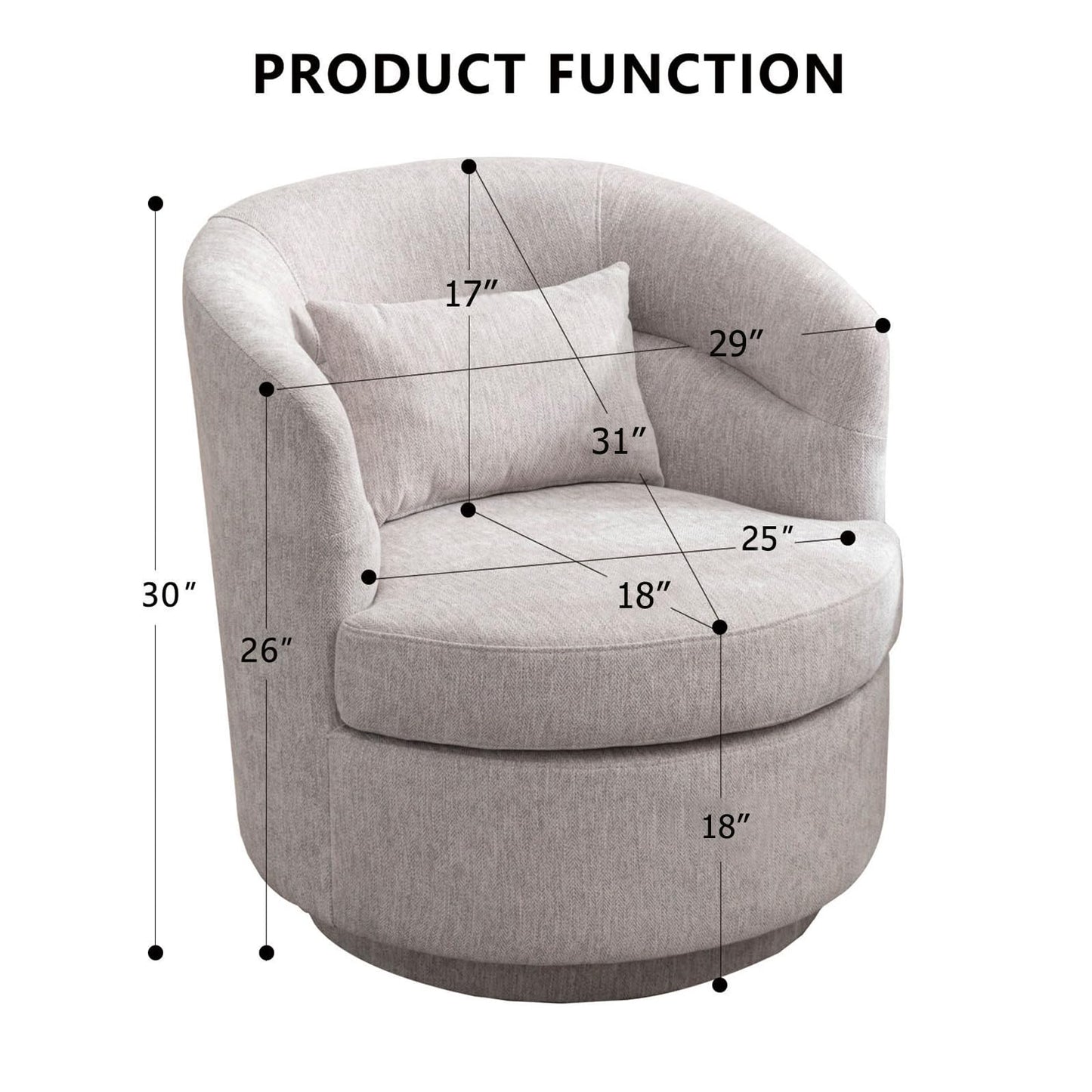 CANMOV Swivel Accent Chair, 360 Degree Round Swivel Barrel Chair with Pillow, Upholstered Comfy Barrel Armchair Single Club Sofa Chair for Living Room,Bedroom, Reading Room, Grey