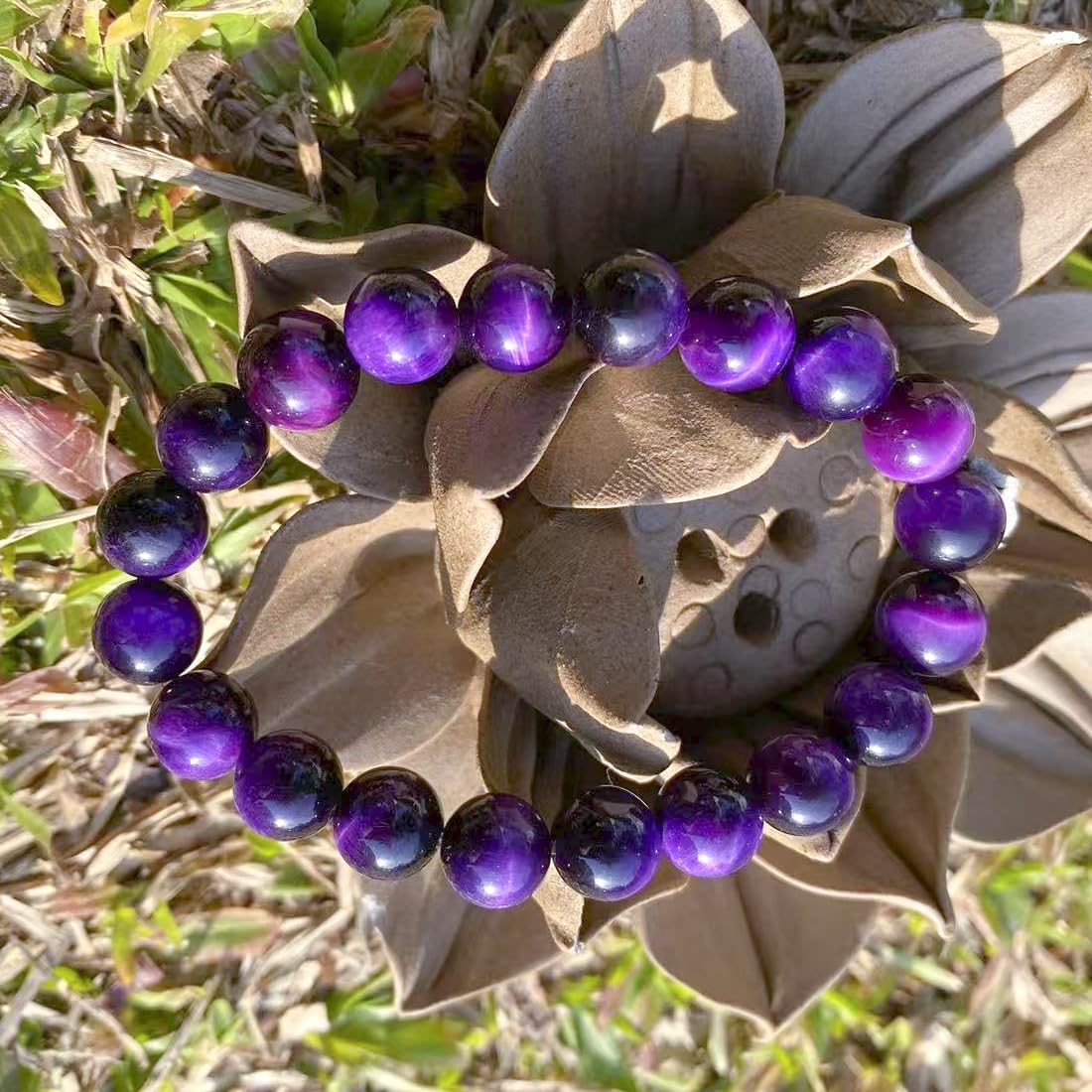 10mm Purple Tigers Eye Bracelet for Women Men | Natural Handmade Protection Amethyst Color Throat Chakra Gemstone Crystal Jewelry | Beading Tool Kit - Fits for 7-8" Large Wrist | Boost Motivation