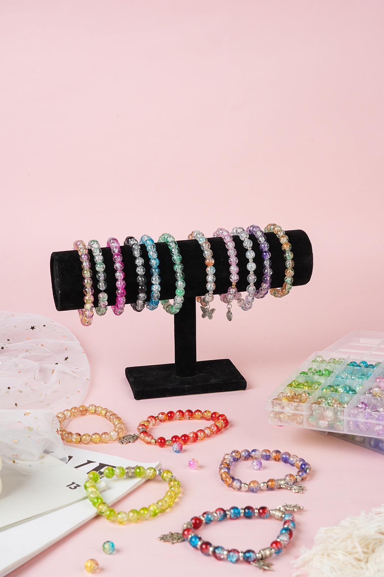 REVKI 1300PCS 8mm Mixed Crackle Glass Beads for Bracelets Making with Accessories, 48 Colors Crystal Glass Beads Jewelry Making Kit, Round Beads for DIY Bracelet Crafts