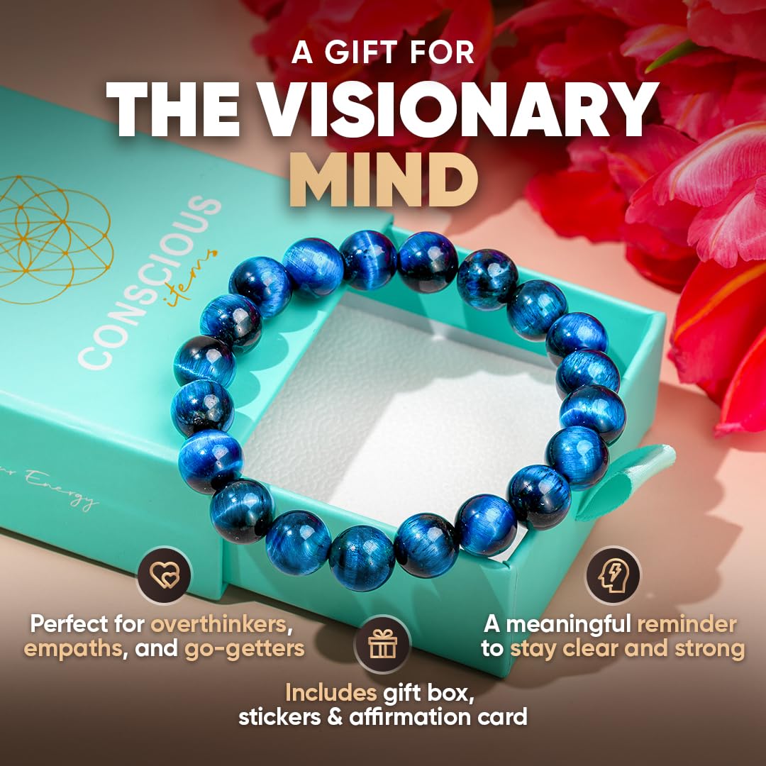 Conscious Items Hawk’s Focus Spiritual Bracelet, Royal Blue Tiger's Eye Bracelet for Clarity, Focus & Confidence, Genuine Crystal Bracelets for Empaths & Creatives