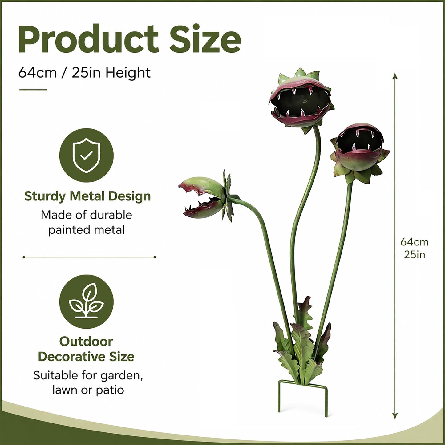 LISINUO Funny Metal Carnivorous Plant Garden Stake, 25" Large Venus Flytrap Sculpture, Whimsical Outdoor Yard Art for Lawn Patio Planters, Unique Weather-Resistant Garden Decor Gift (64cm(25in))