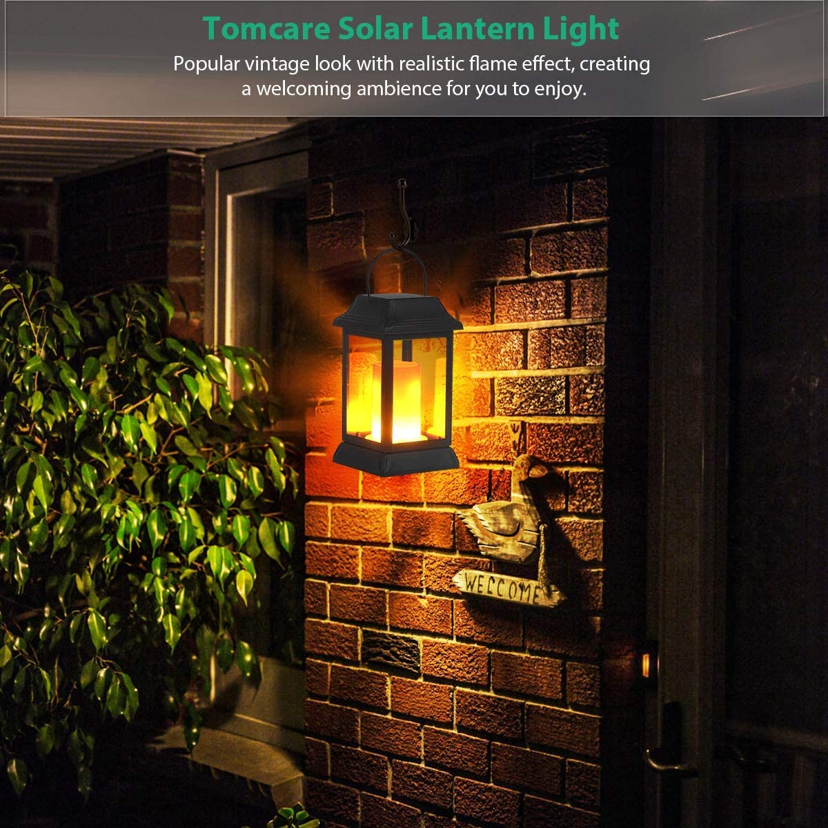 TomCare Solar Lights Metal Flickering Flame Solar Lantern Outdoor Hanging Lanterns Decorative Lighting Heavy Duty Solar Powered Waterproof Umbrella Lighting for Garden Yard Patio Deck, 2 Pack(Black)