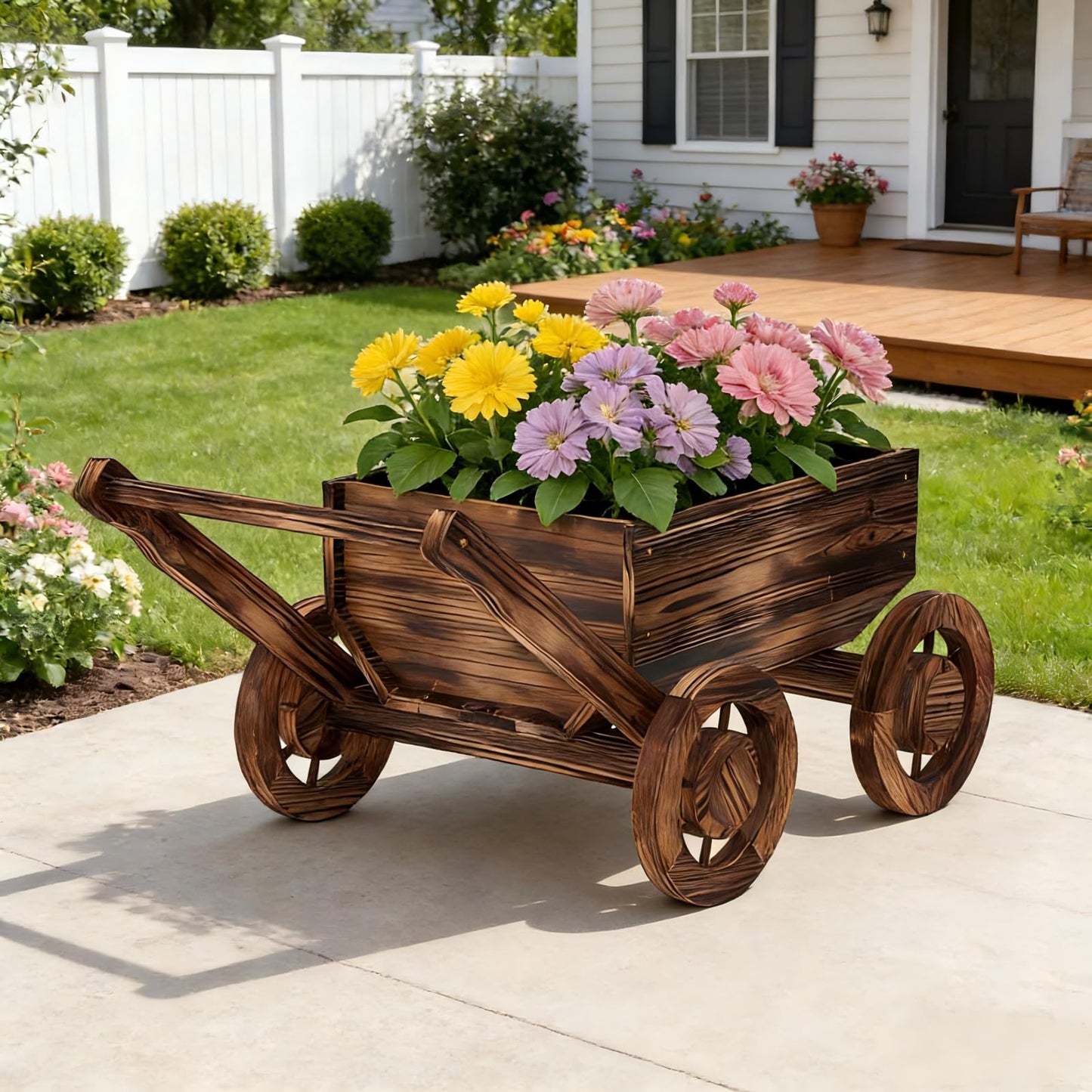 Wooden Flower Cart with Wheels Wooden Wagon Planter Outdoor Garden Planter Decor Planter Kit for Patio Balcony Trolley Decoration Succulent Flower Pot, Indoor Backyard Balcon Decor(Small)