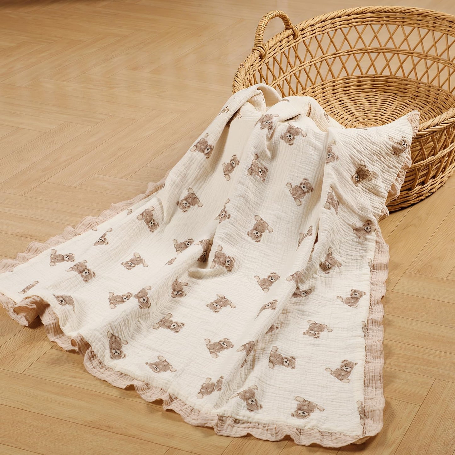 100% Organic Cotton Muslin Baby Blanket Flounce Edge Large 50"x43" Teddy Bear, Soft Breathable Toddler Quilt Crib Blankets Gender Neutral for Baby Boys and Girls Bassinet, Bed, Stroller & Snuggling