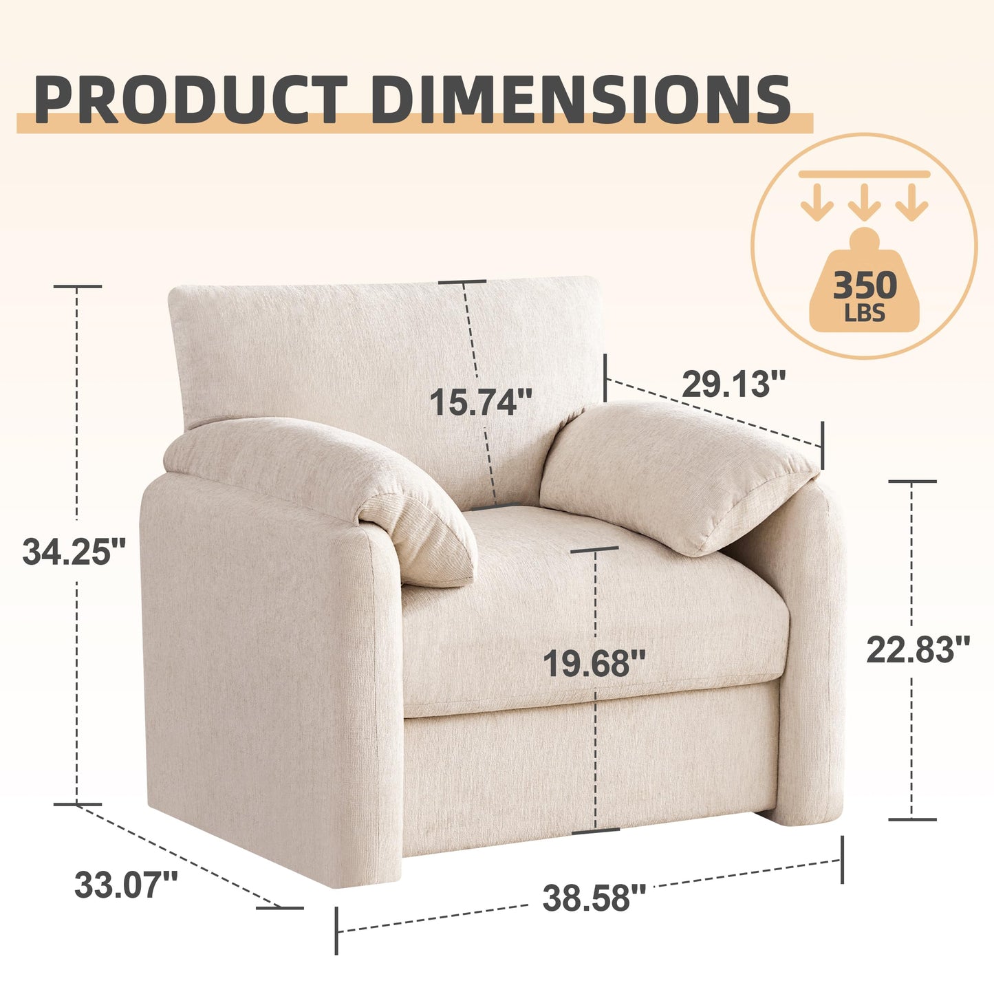 Howjoe Chenille Oversized Armchair, 38.6" Wide Accent Chairs for Living Room & Bedroom Modern Lounge Chair, Upholstered Mid-Century Reading Chair, Comfy Living Room Chair, Single Sofa Chair, Beige