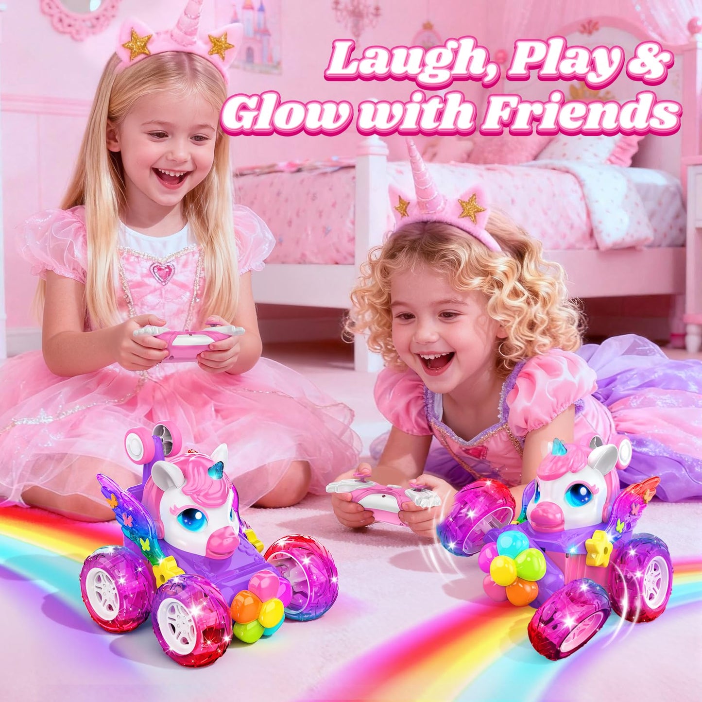 Zmpolir Unicorn RC Cars for Girl Toys with Glowling Crystal Wings & Eyes Lights, 360° Rotation Remote Control Car Pink Unicorn Stunt Car Kids Toys Birthday Gifts for 3 4 5 6 7 8 9 10 Year Old Girls